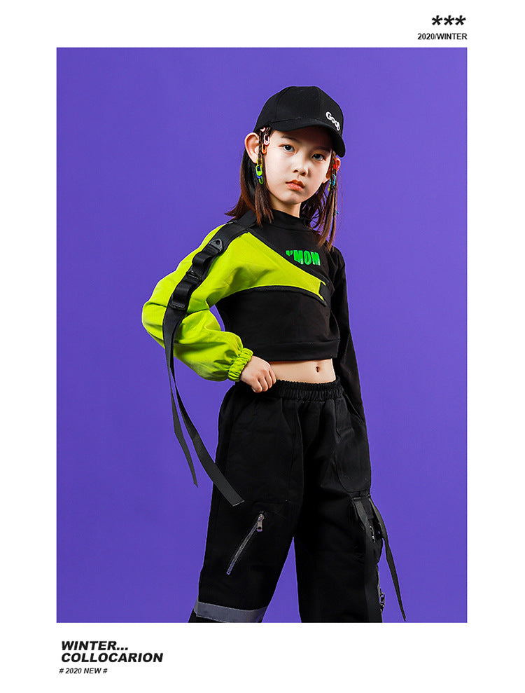 Kids Boy's Girl's Black with Green Hiphop Streetwear Dance Outfit