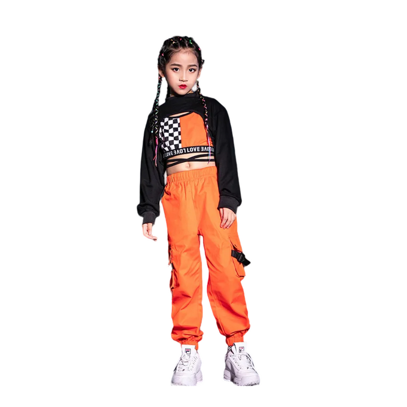 Girl's Black Crop Top Vest Orange Jogger Pants Set Hip Hop Outfit