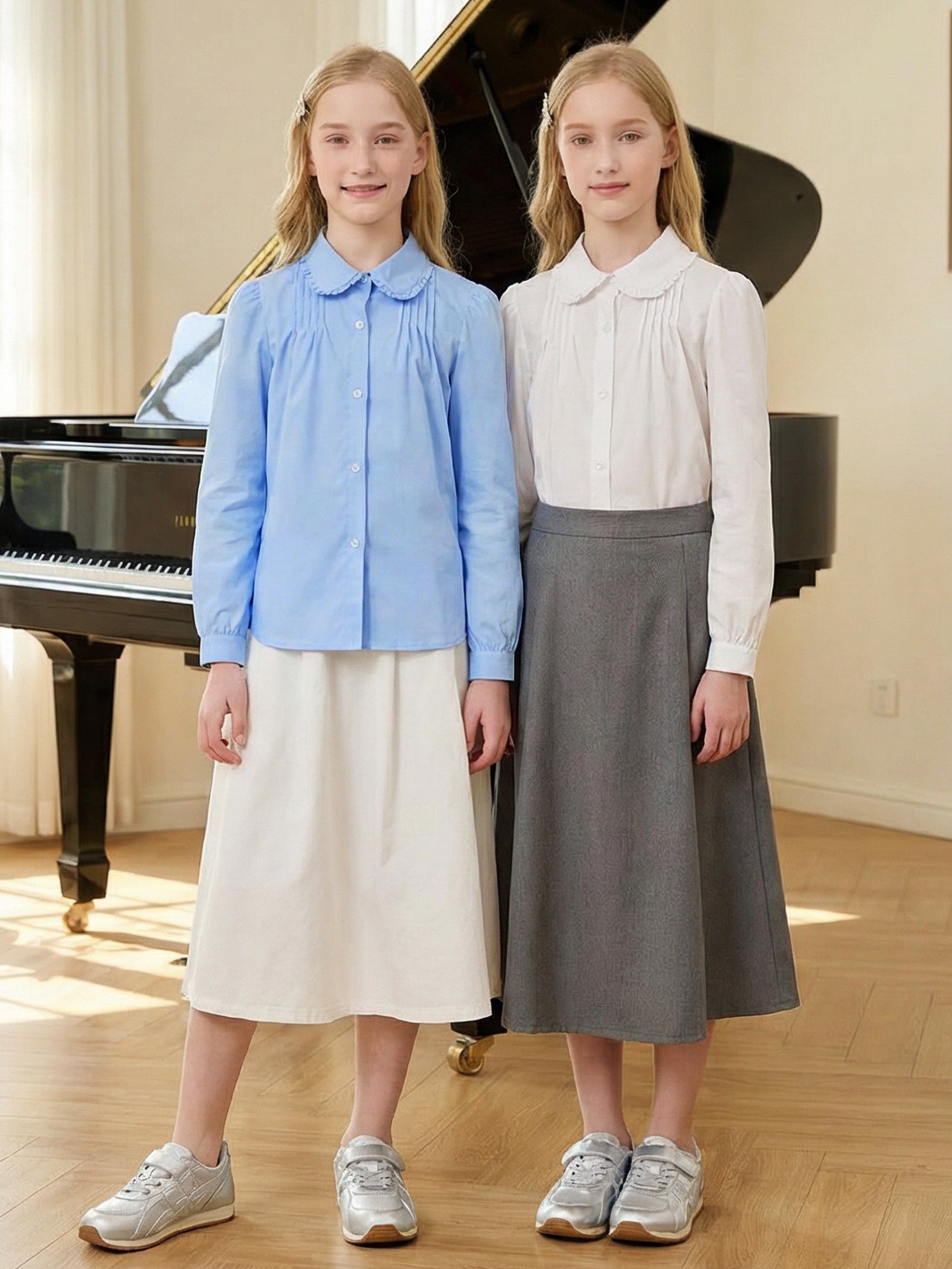 Girls Long Sleeve Uniform Shirt Blouse with Peter Pan Collar