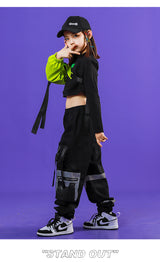 Kids Boy's Girl's Black with Green Hiphop Streetwear Dance Outfit