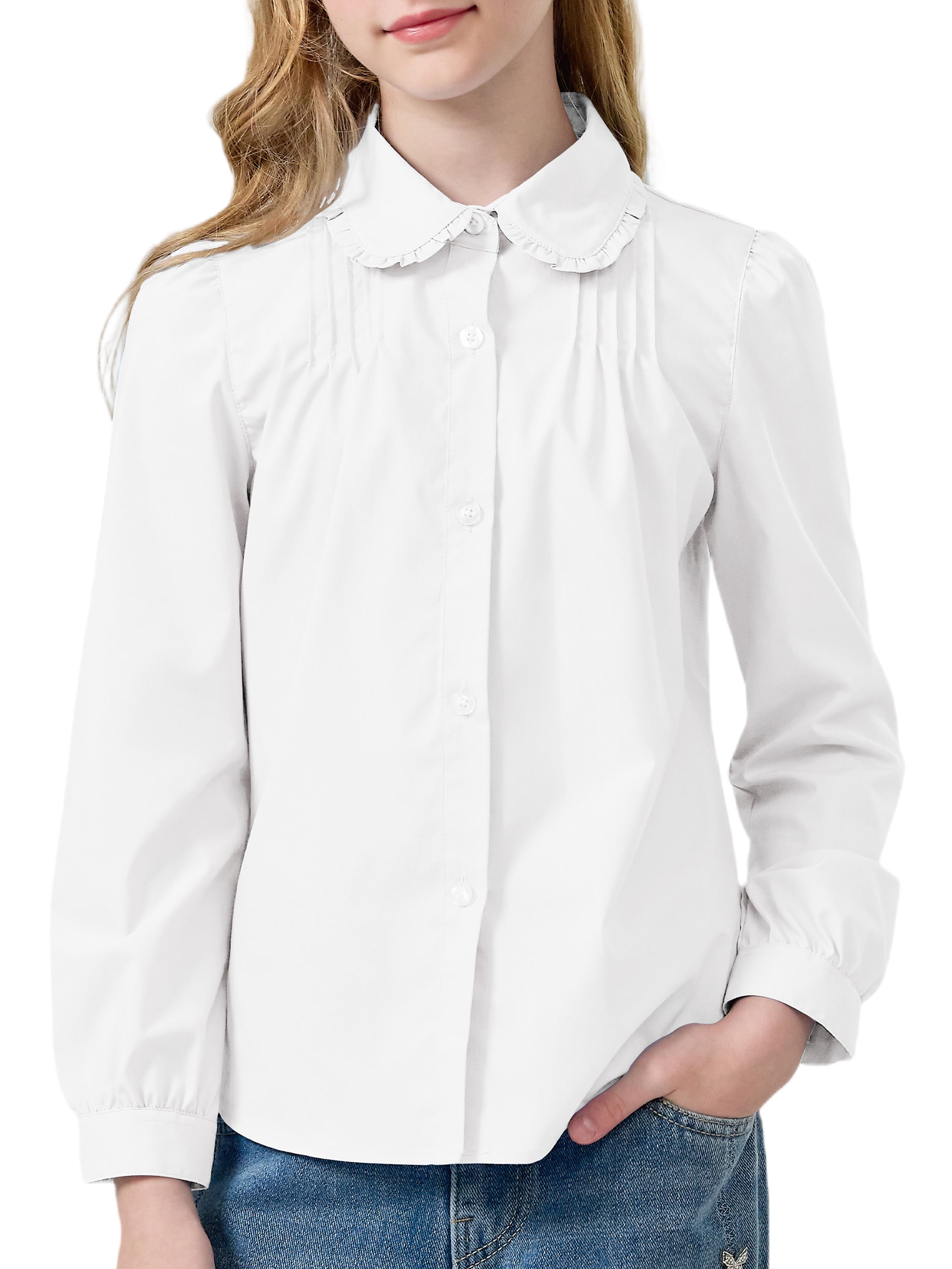 Girls Long Sleeve Uniform Shirt Blouse with Peter Pan Collar