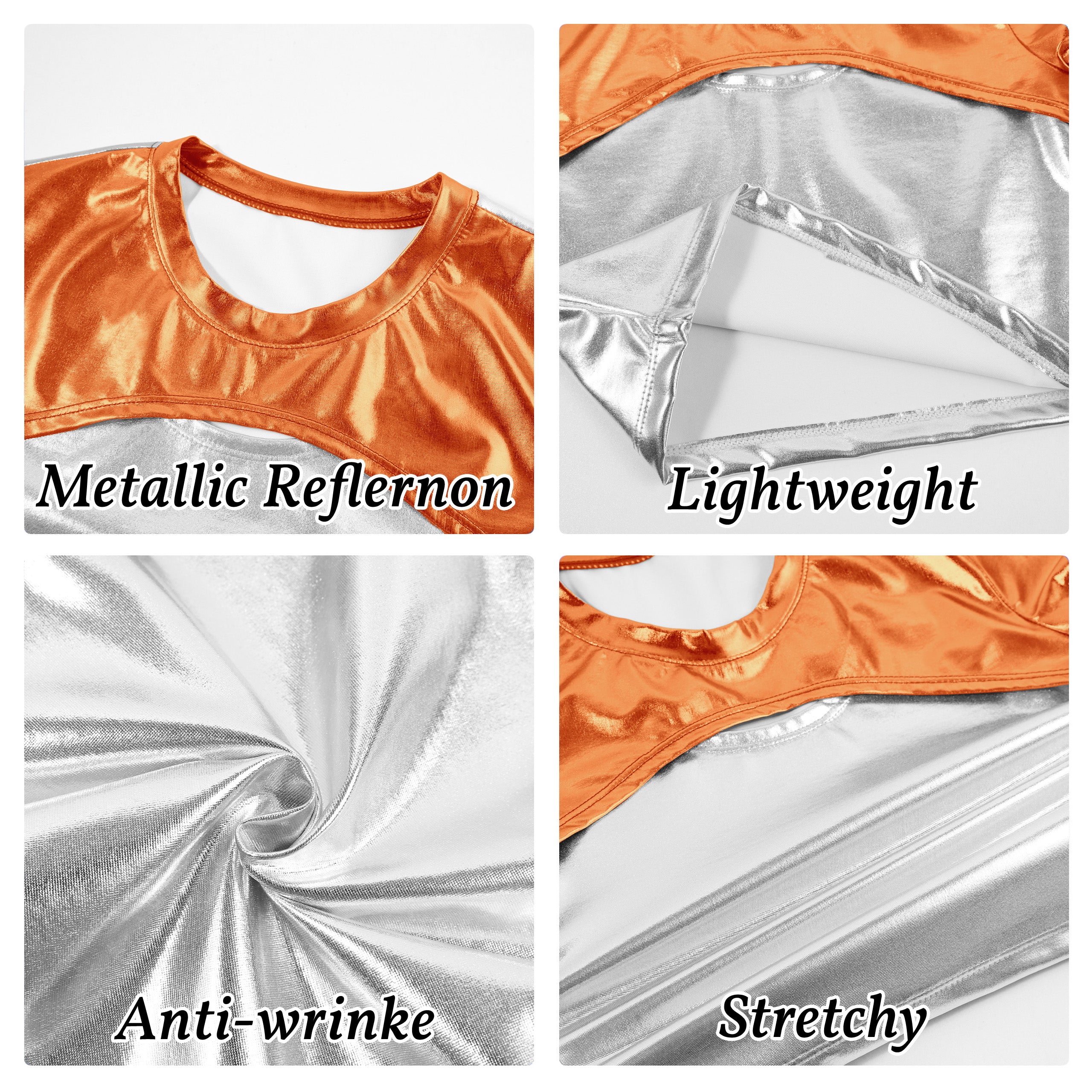 Girls Metallic Shirts with Arm Sleeves Slim Fit Stretchy Shiny Hip Hop Dance Top