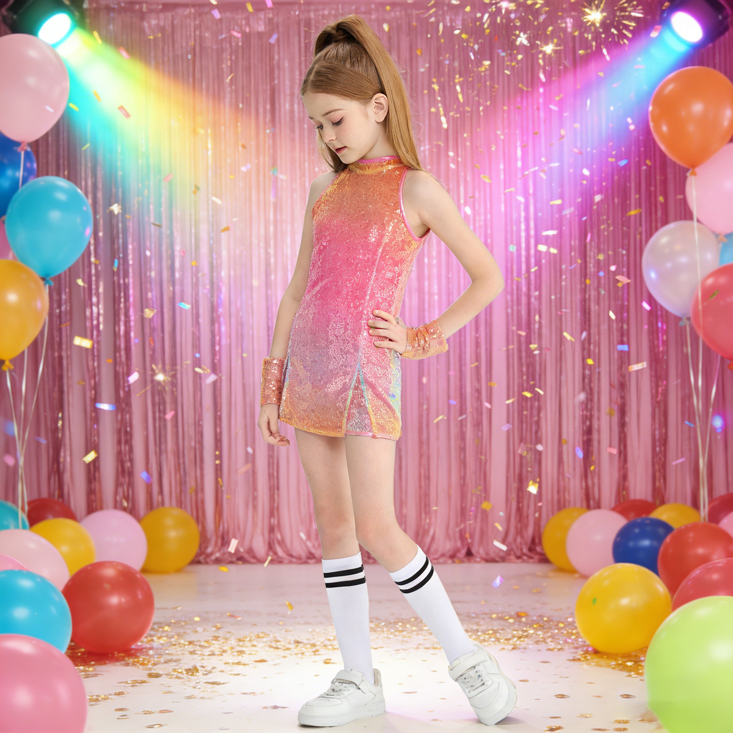 [VIP]Girl's Sparkle Sequins Sleeveless Top Shorts Performance Outfits