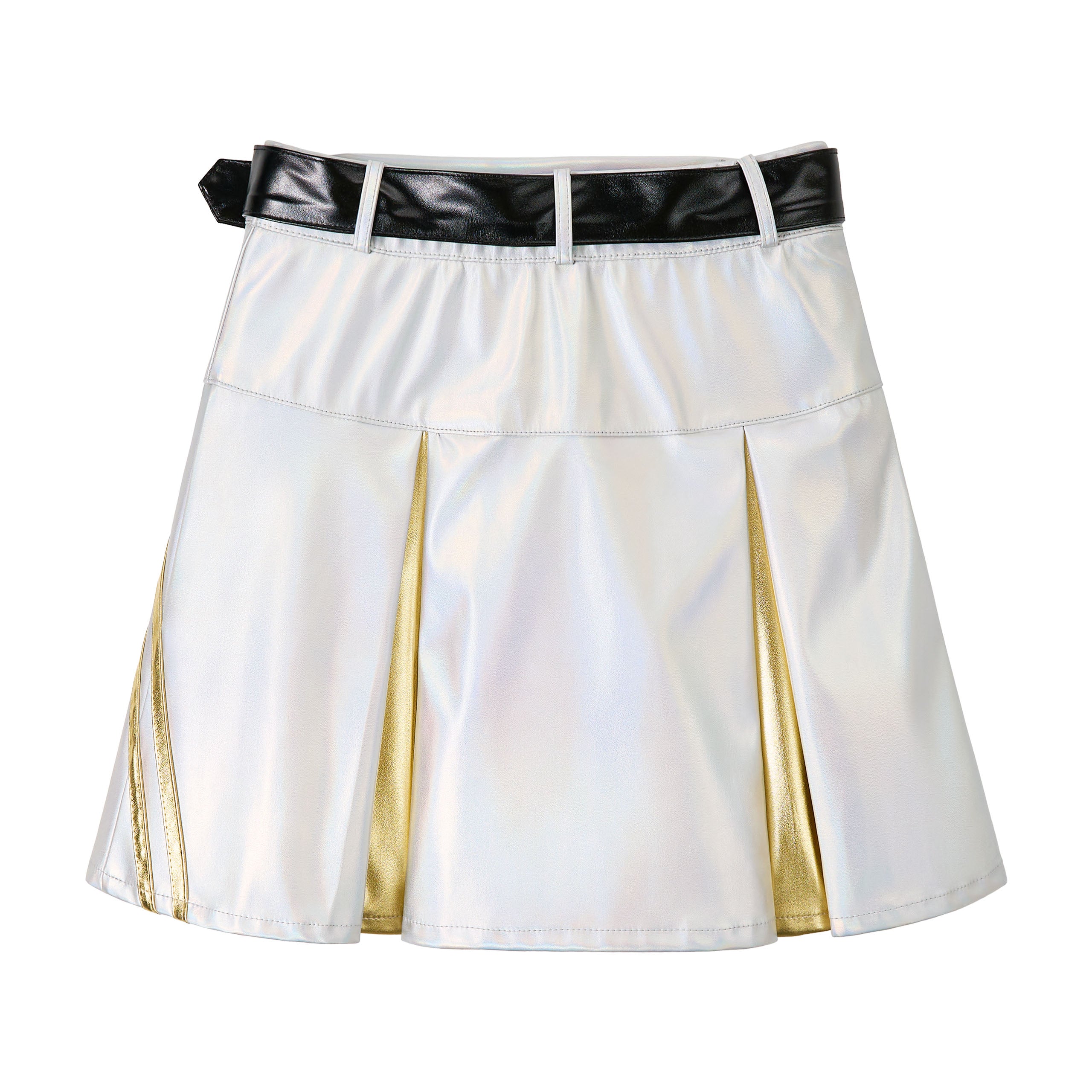 Girls 3Pcs Pleated Metallic Skirt with Shorts, Detachable Belt