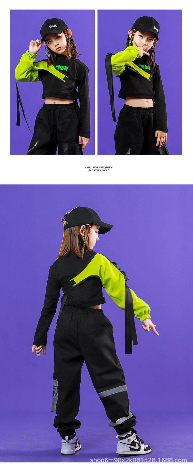 Kids Boy's Girl's Black with Green Hiphop Streetwear Dance Outfit