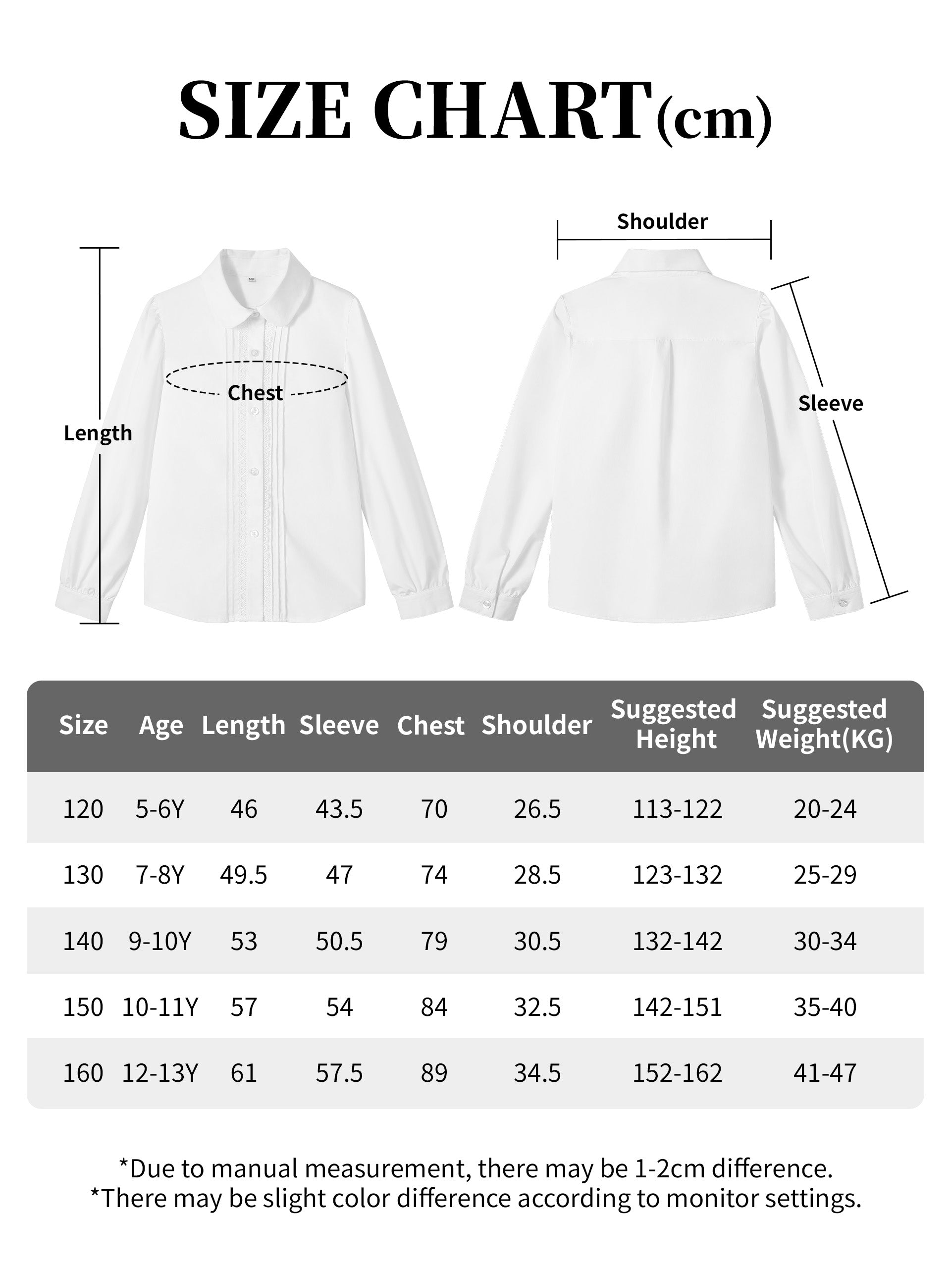 Girls Long Sleeve Uniform Shirt Kids Button Down Shirts