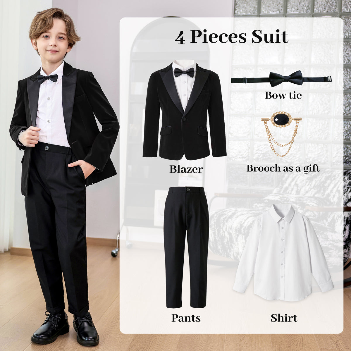 Boys Velvet Suit 4 Piece Slim Fit Tuxedo Formal Ring Bearer Outfit