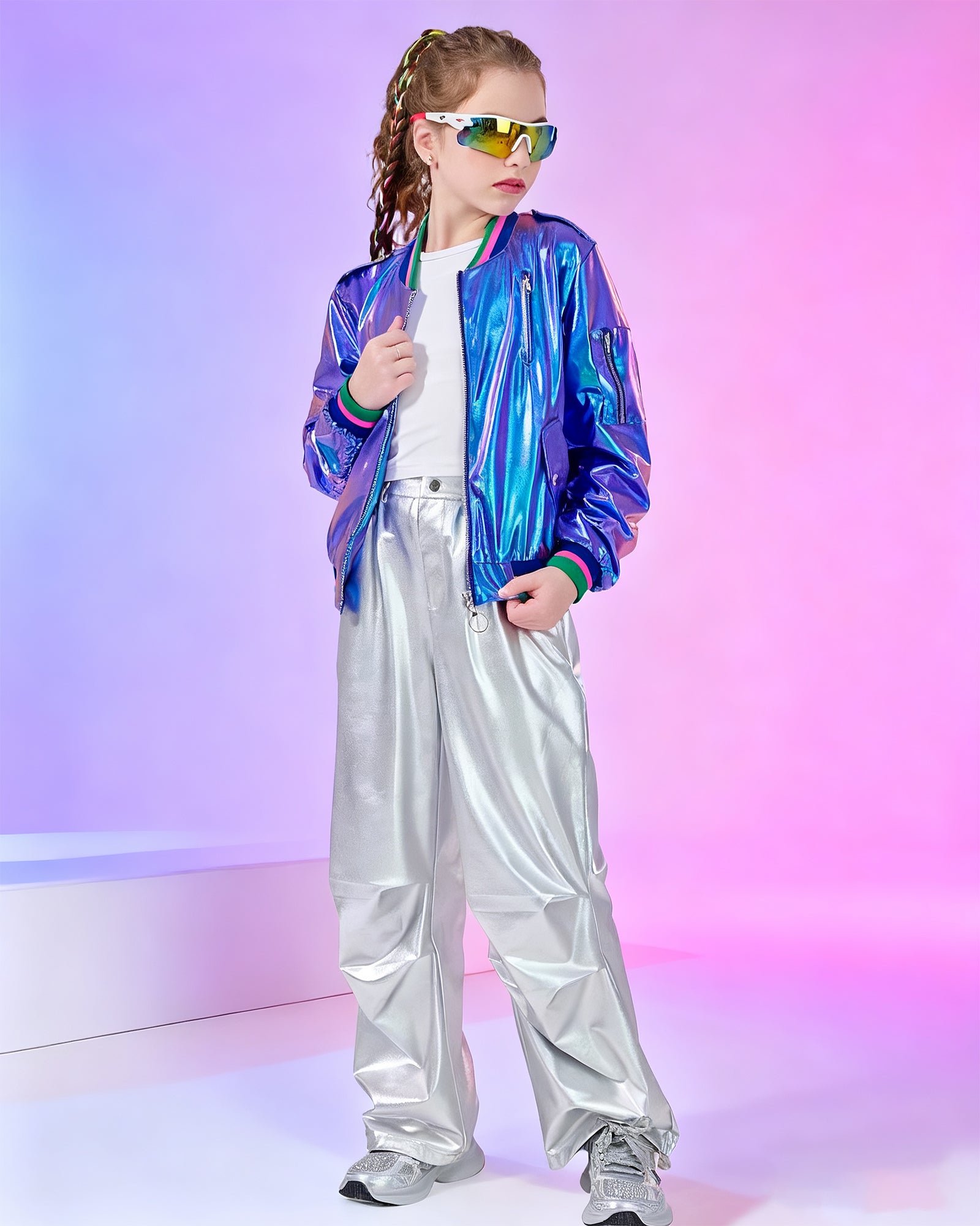 Kids Metallic Shiny Jacket Lightweight Y2K Disco Streetwear Girls Bomber Jacket