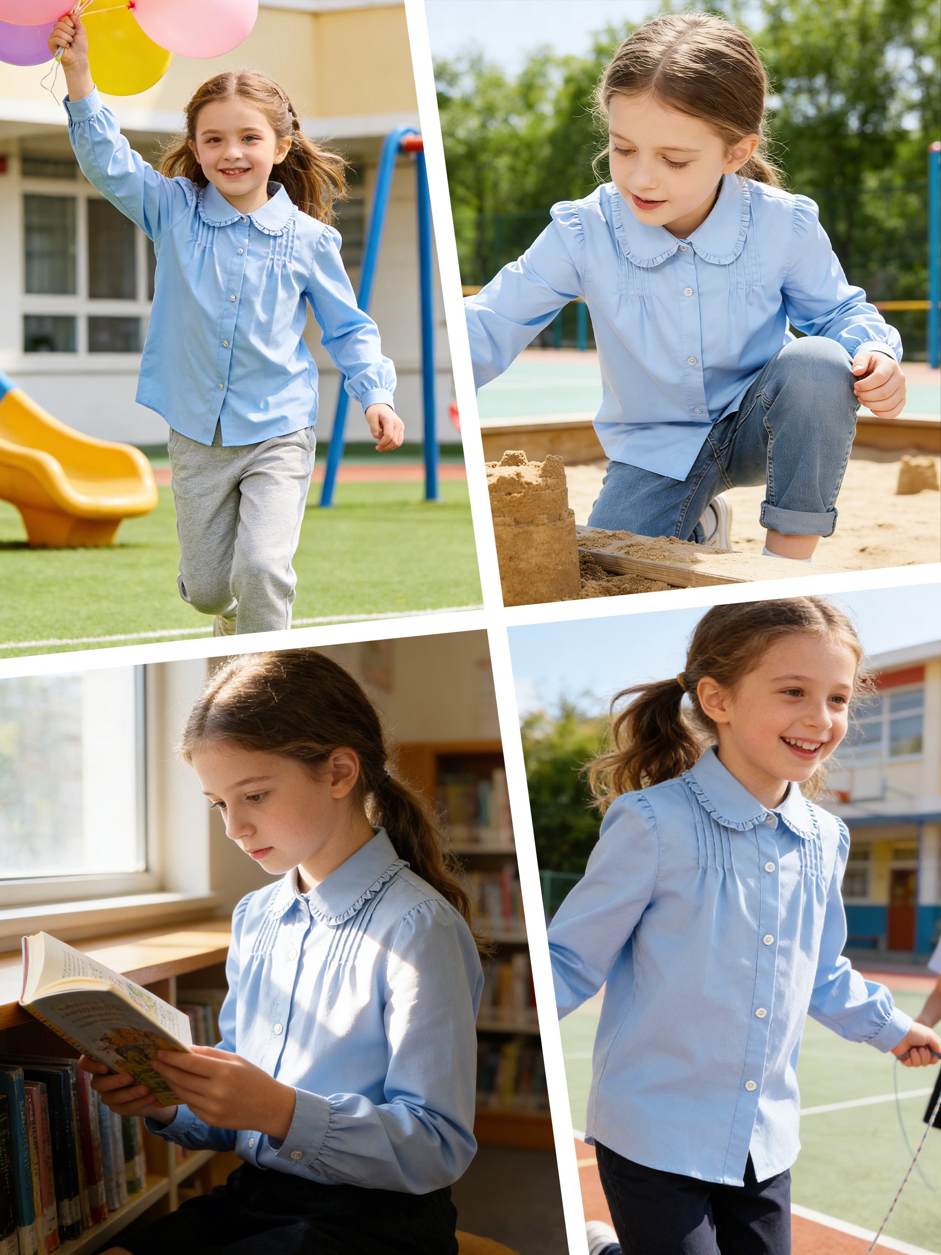 Girls Long Sleeve Uniform Shirt Blouse with Peter Pan Collar