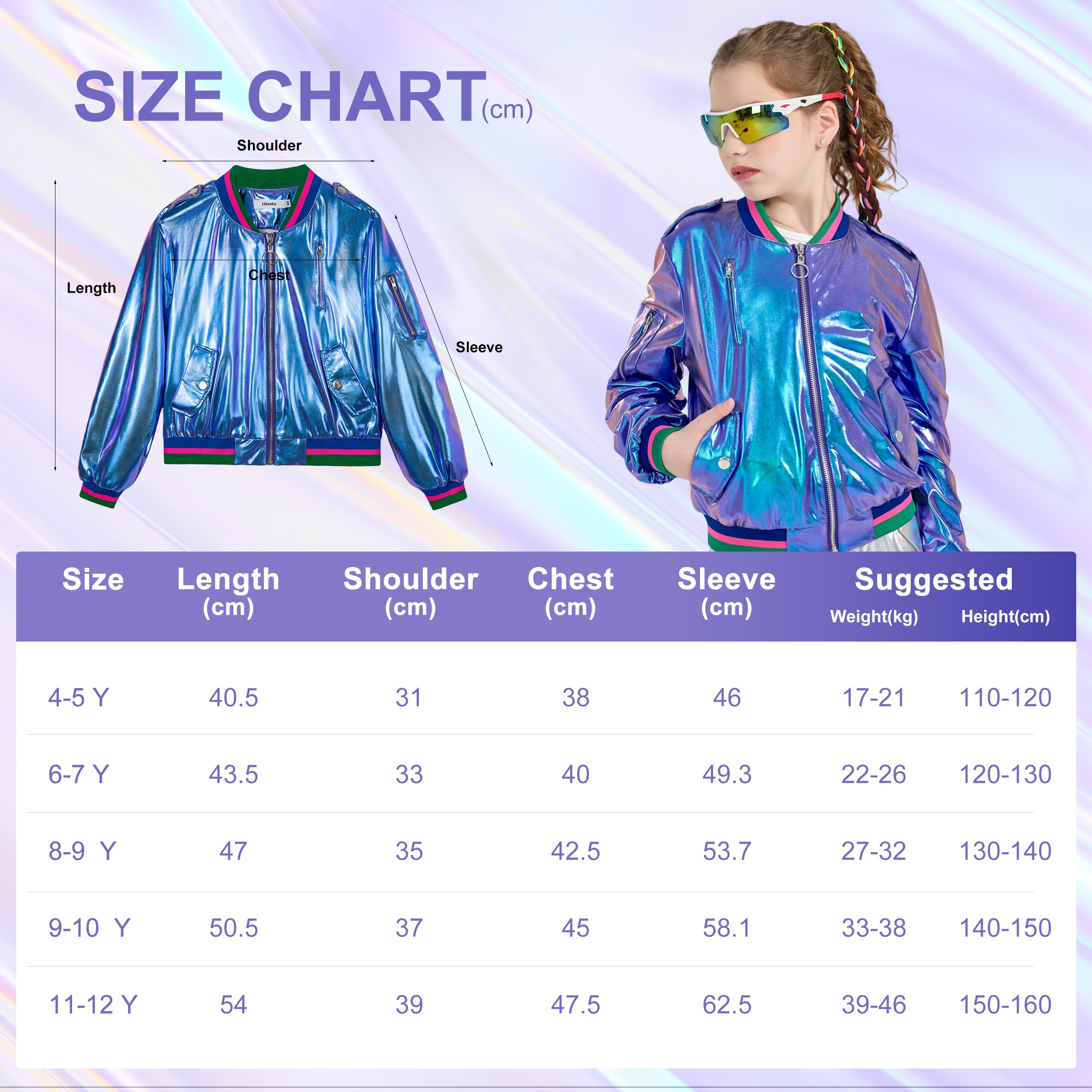 Kids Metallic Shiny Jacket Lightweight Y2K Disco Streetwear Girls Bomber Jacket