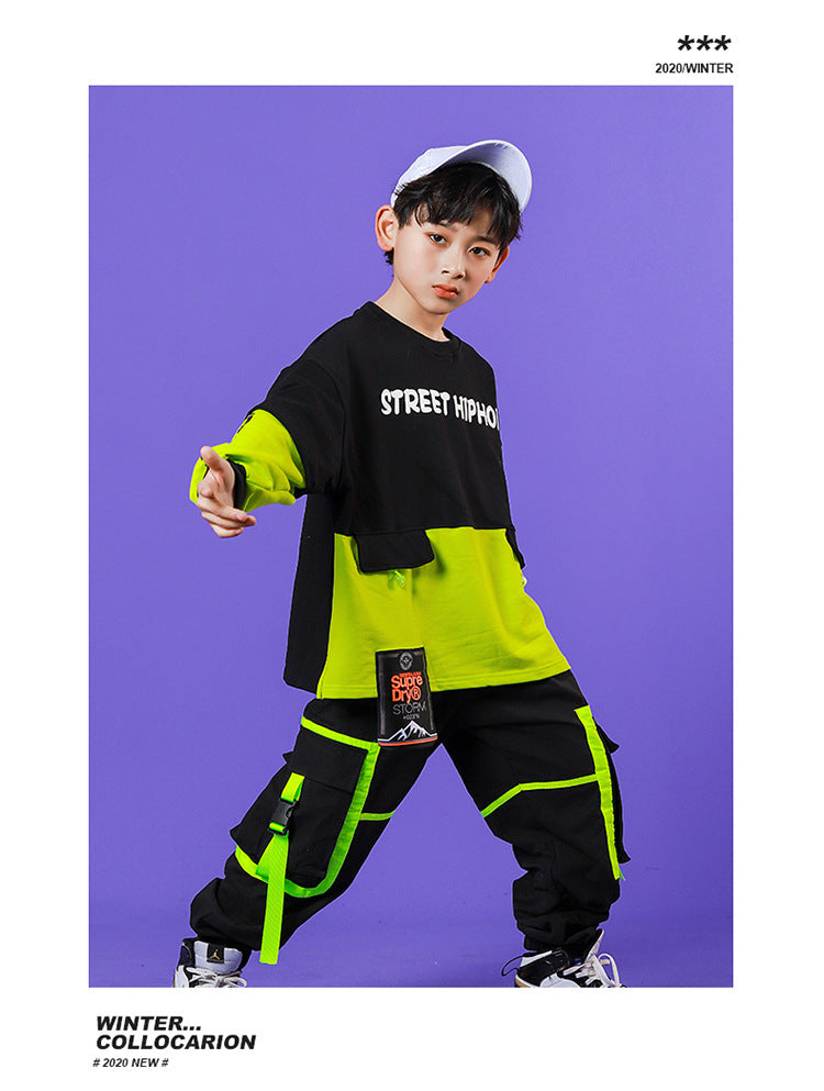 Kids Boy's Girl's Black with Green Hiphop Streetwear Dance Outfit