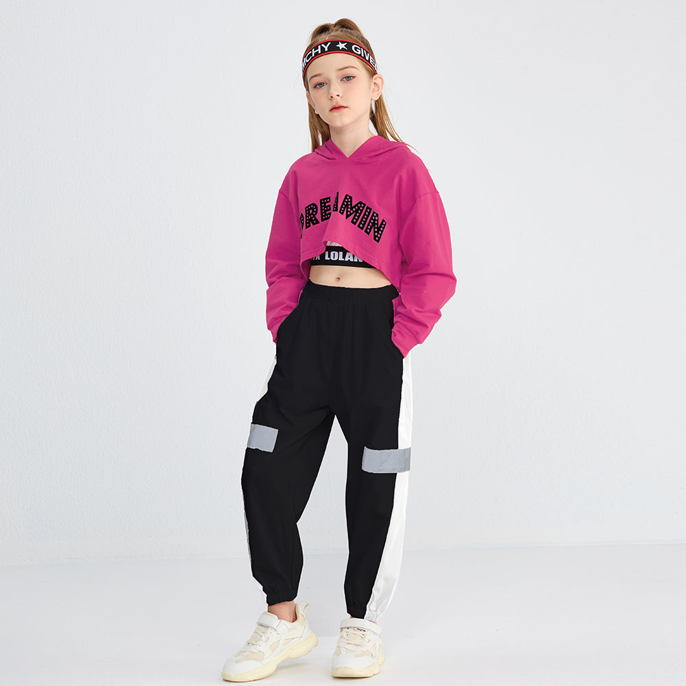 Girl's Street Dance Stage Hoodie Crop Top Sweatpants Performance Outfit