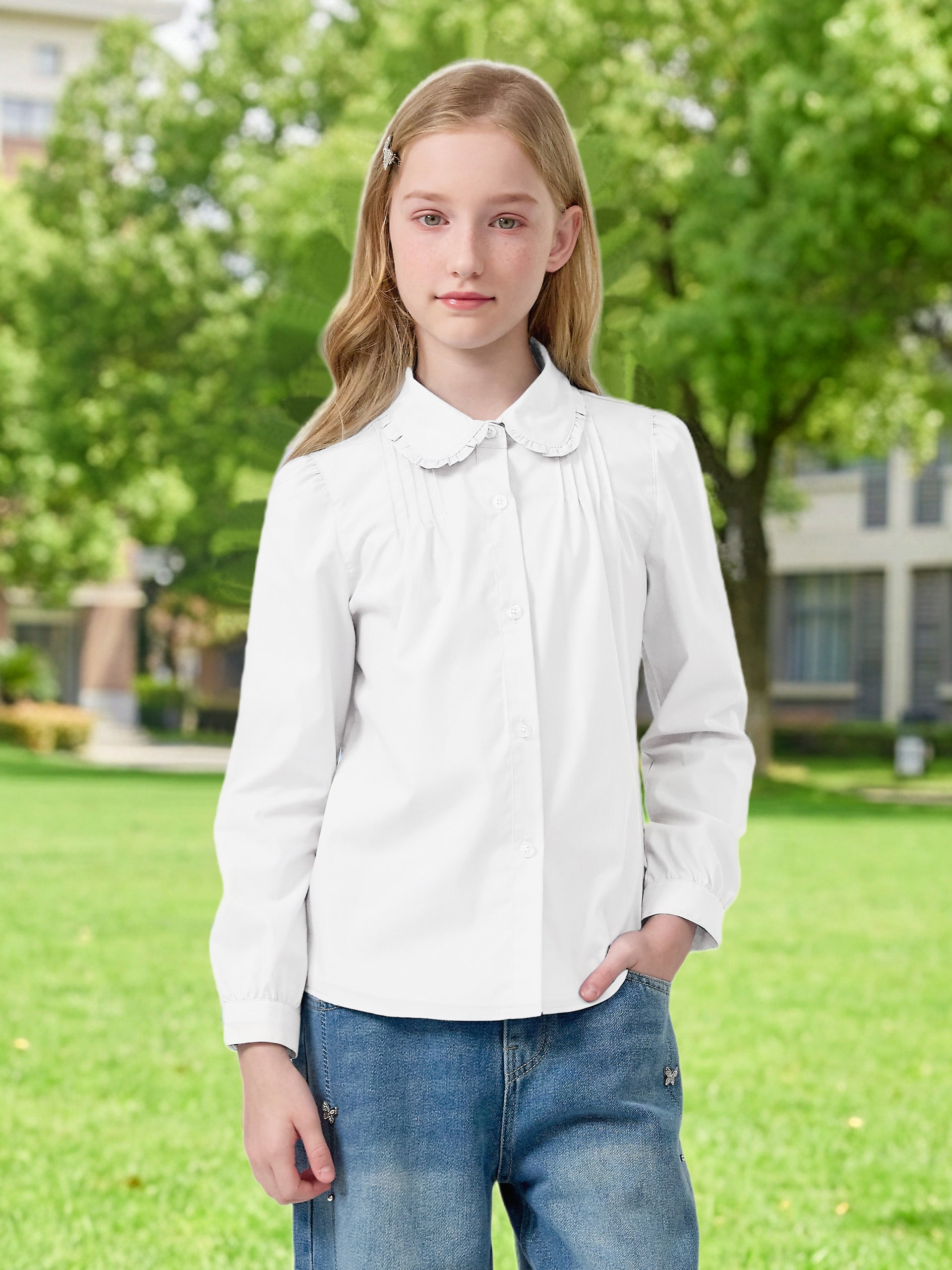 Girls Long Sleeve Uniform Shirt Blouse with Peter Pan Collar