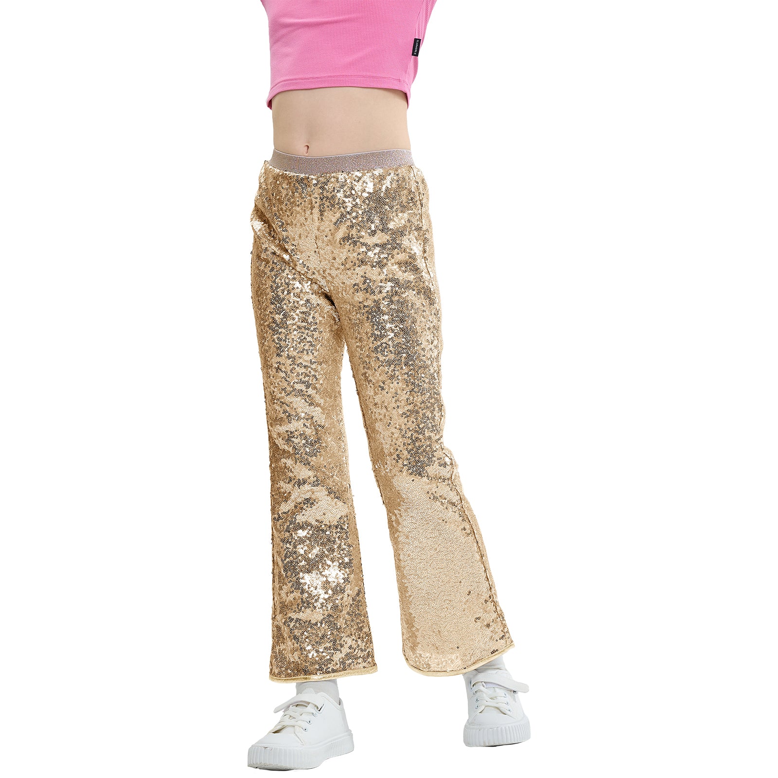 Girls Flare Sequin Trousers Casual Elastic Mid-Waist Bell Bottoms