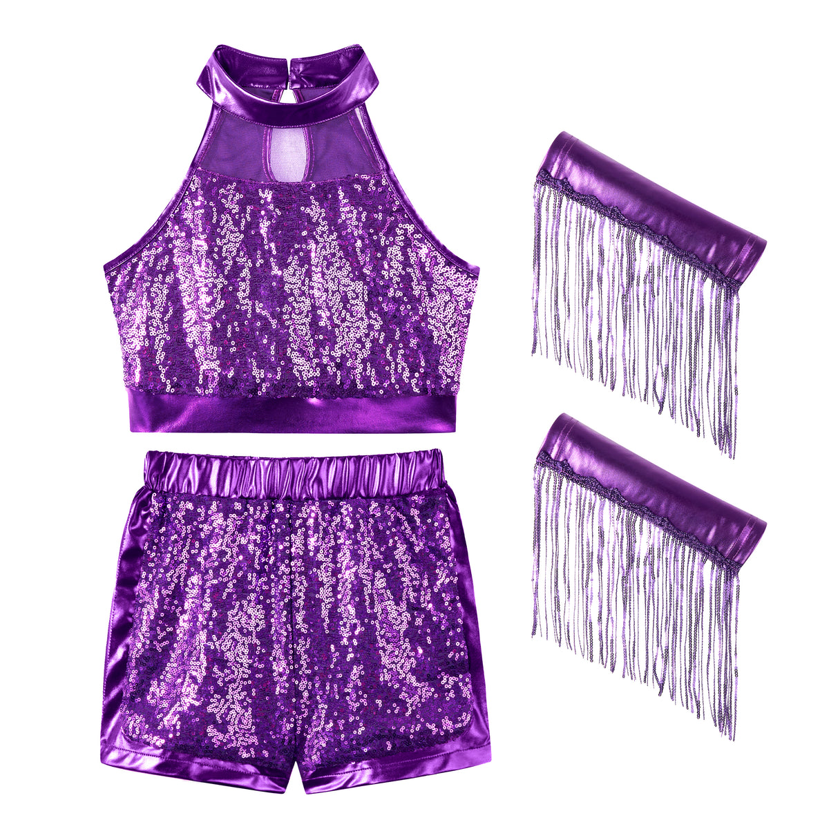 Girls’ Sequin Dance Outfit Crop Sequin Top Metallic Shorts with Tassel Arm Sleeves