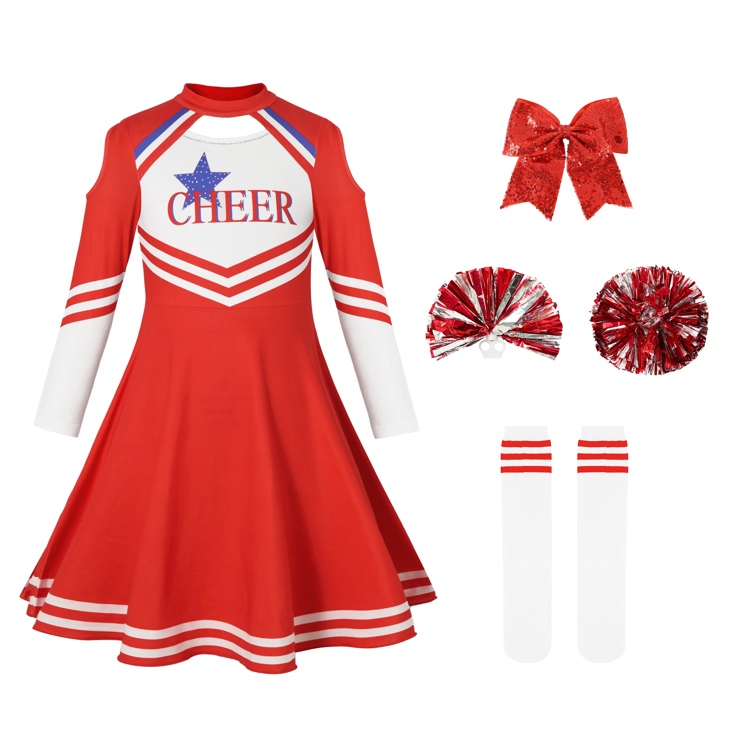 Girls Cheerleader Uniform, Long Sleeve Cheerleading Dress Kids Halloween Costumes