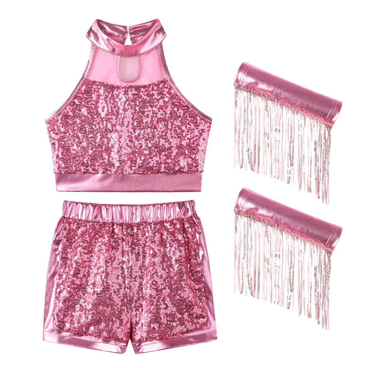 Girls’ Sequin Dance Outfit Crop Sequin Top Metallic Shorts with Tassel Arm Sleeves