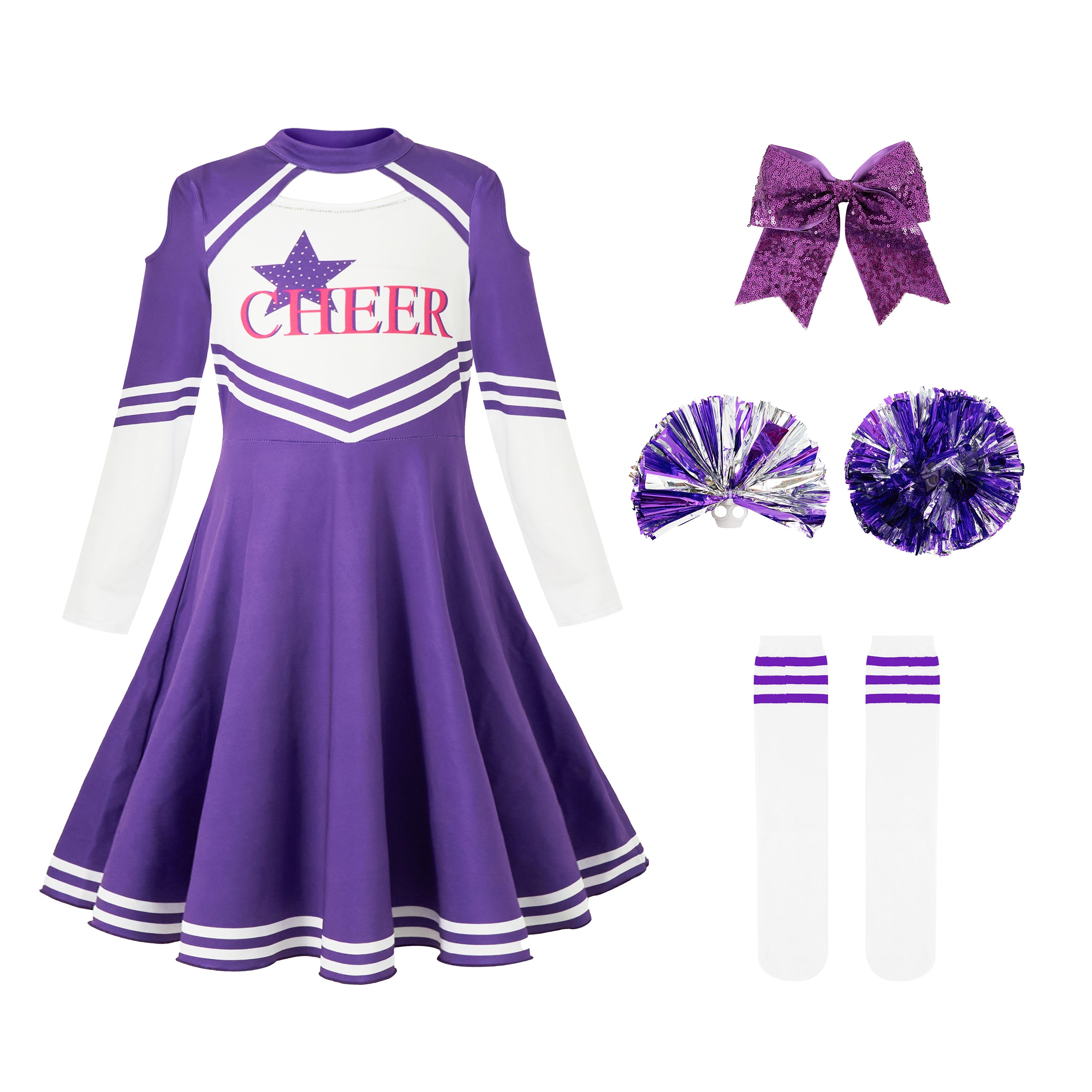 Girls Cheerleader Uniform, Long Sleeve Cheerleading Dress Kids Halloween Costumes