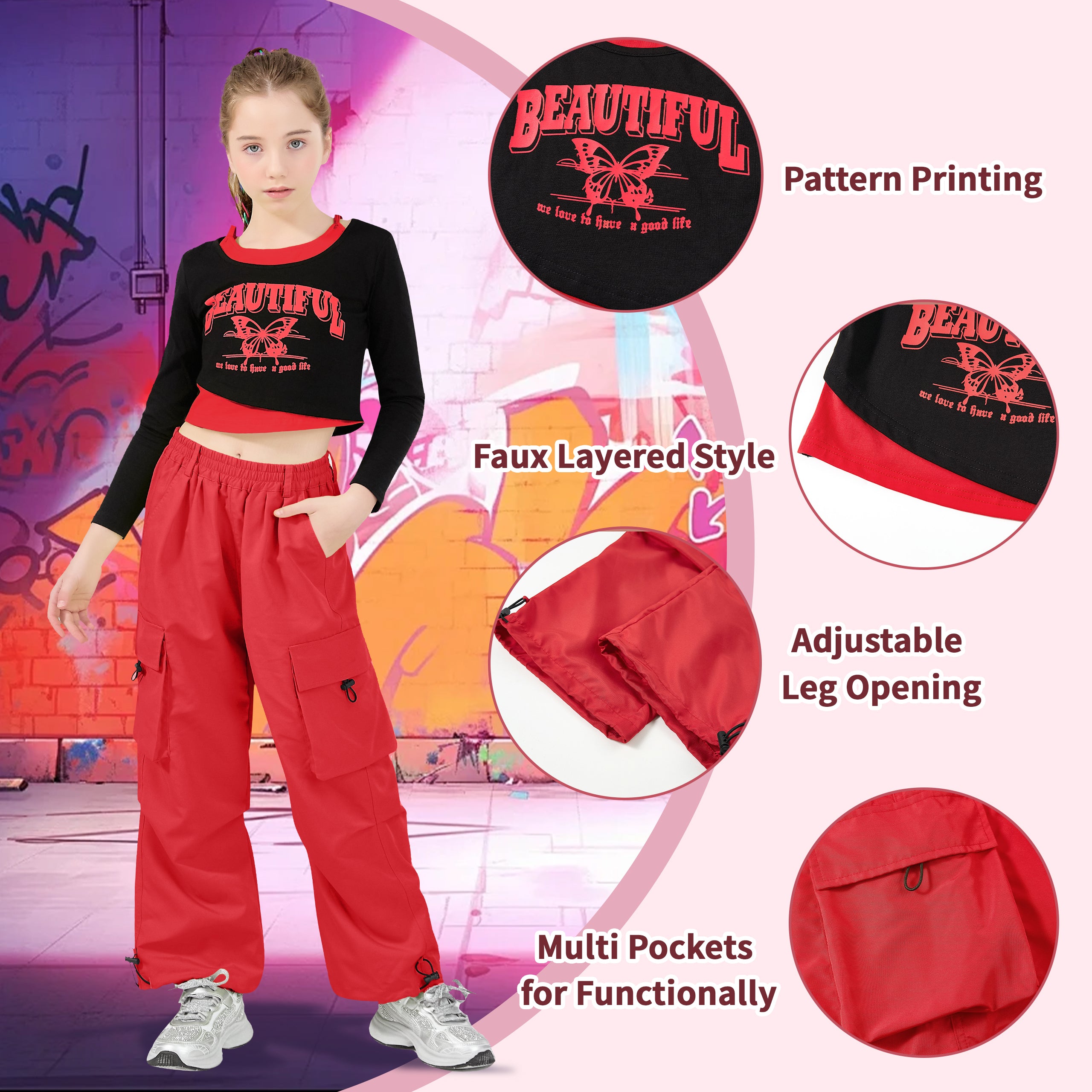 Girls 2 Piece Hip Hop Dance Outfits Long Sleeve Crop Top Cargo Pants Set