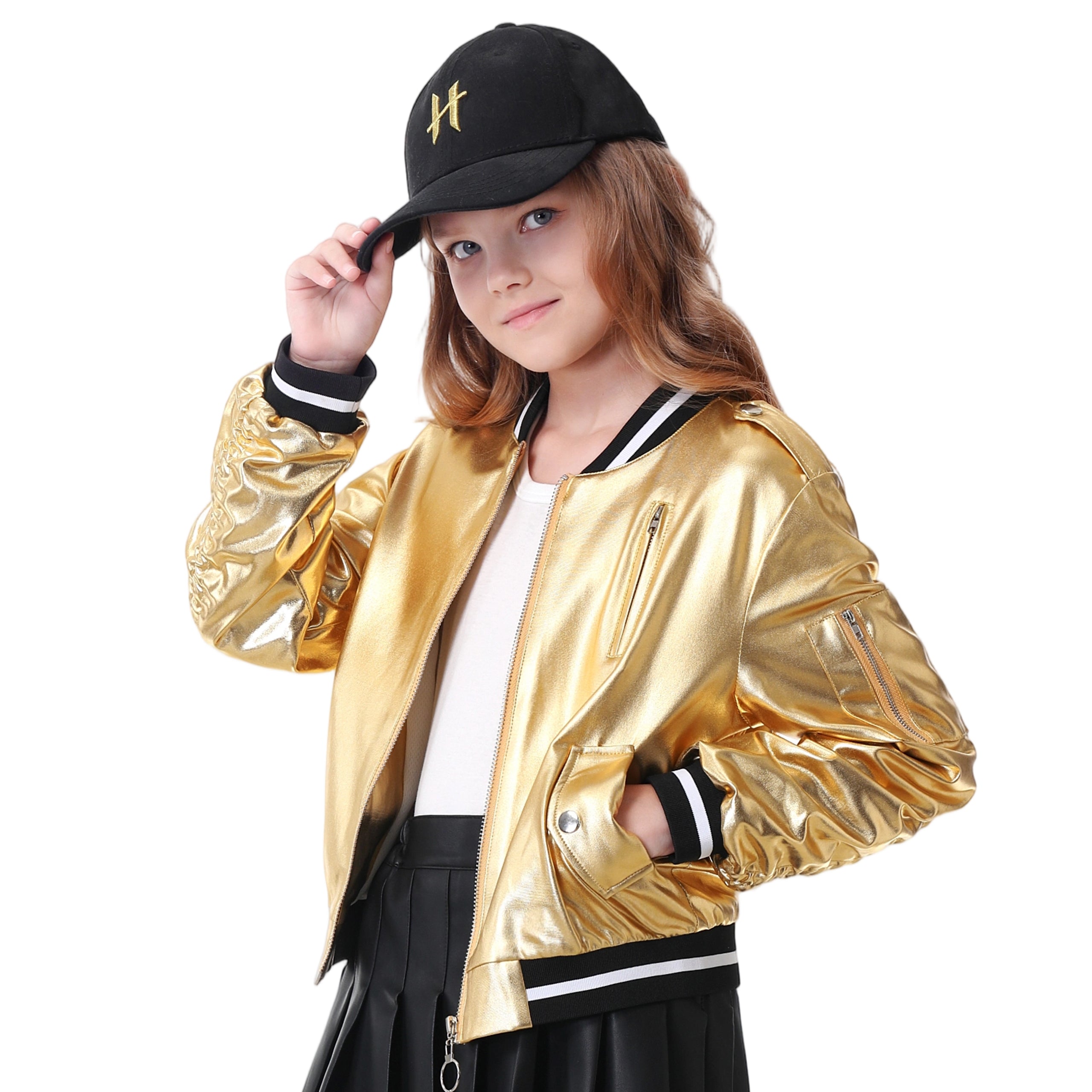 Kids Metallic Shiny Jacket Lightweight Y2K Disco Streetwear Girls Bomber Jacket