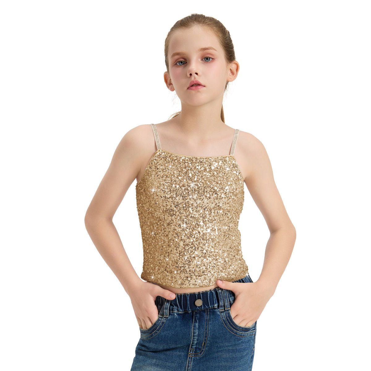 Girls Sequin Tank Tops Sparkly Camisole Stretchy Dance Shirt