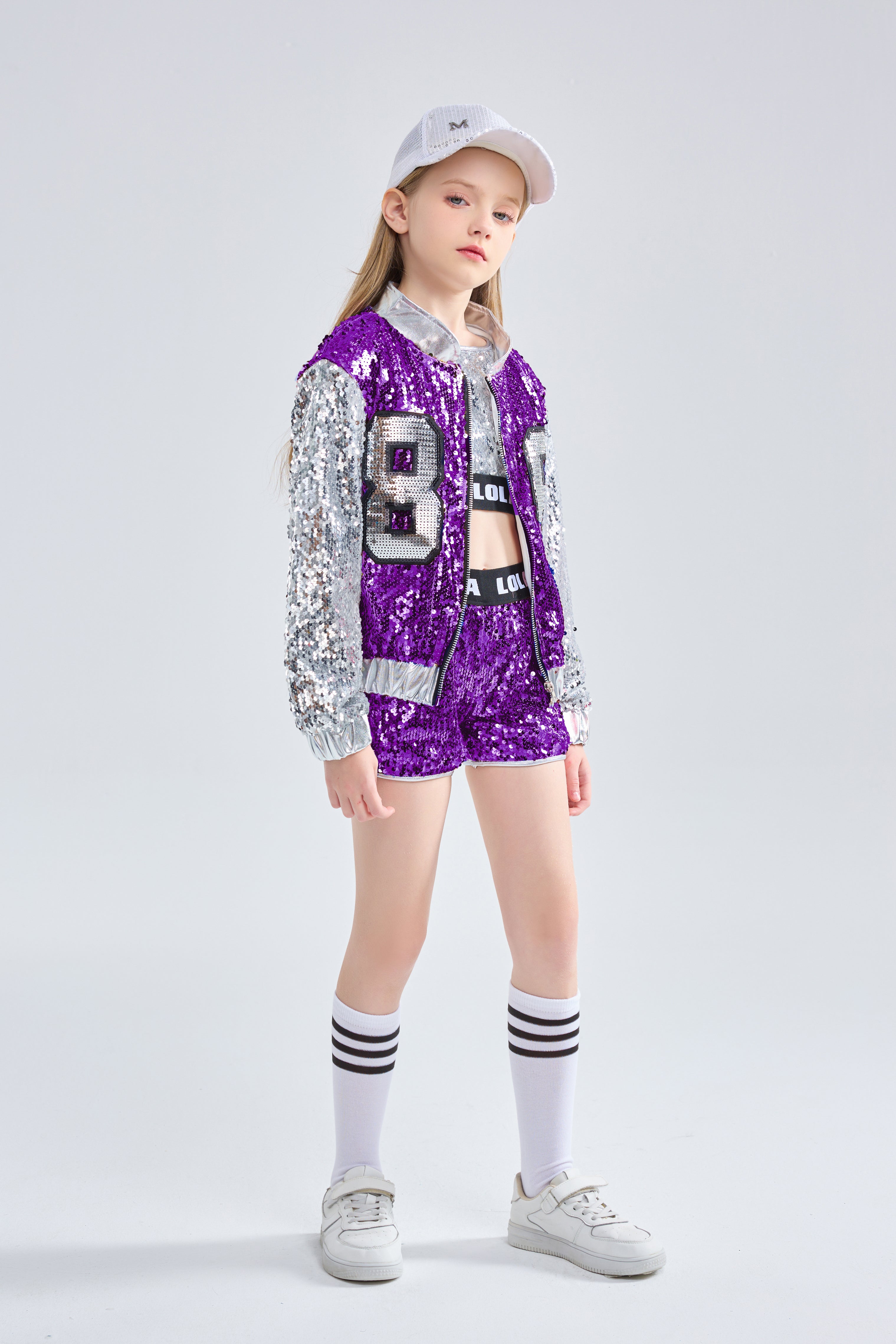 [VIP]Girls Fashionable Sequins Crop Top Shorts Dance Clothes