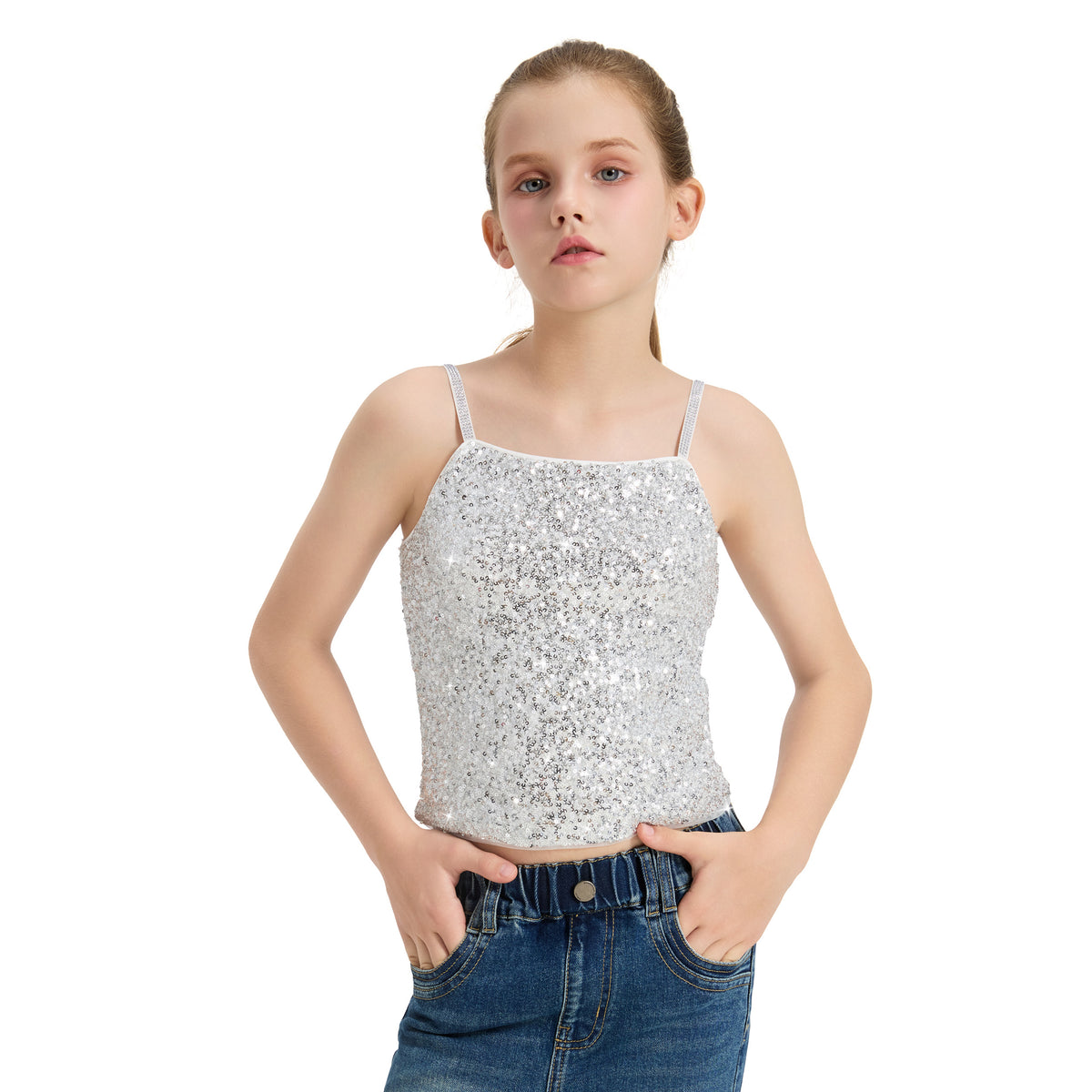 Girls Sequin Tank Tops Sparkly Camisole Stretchy Dance Shirt