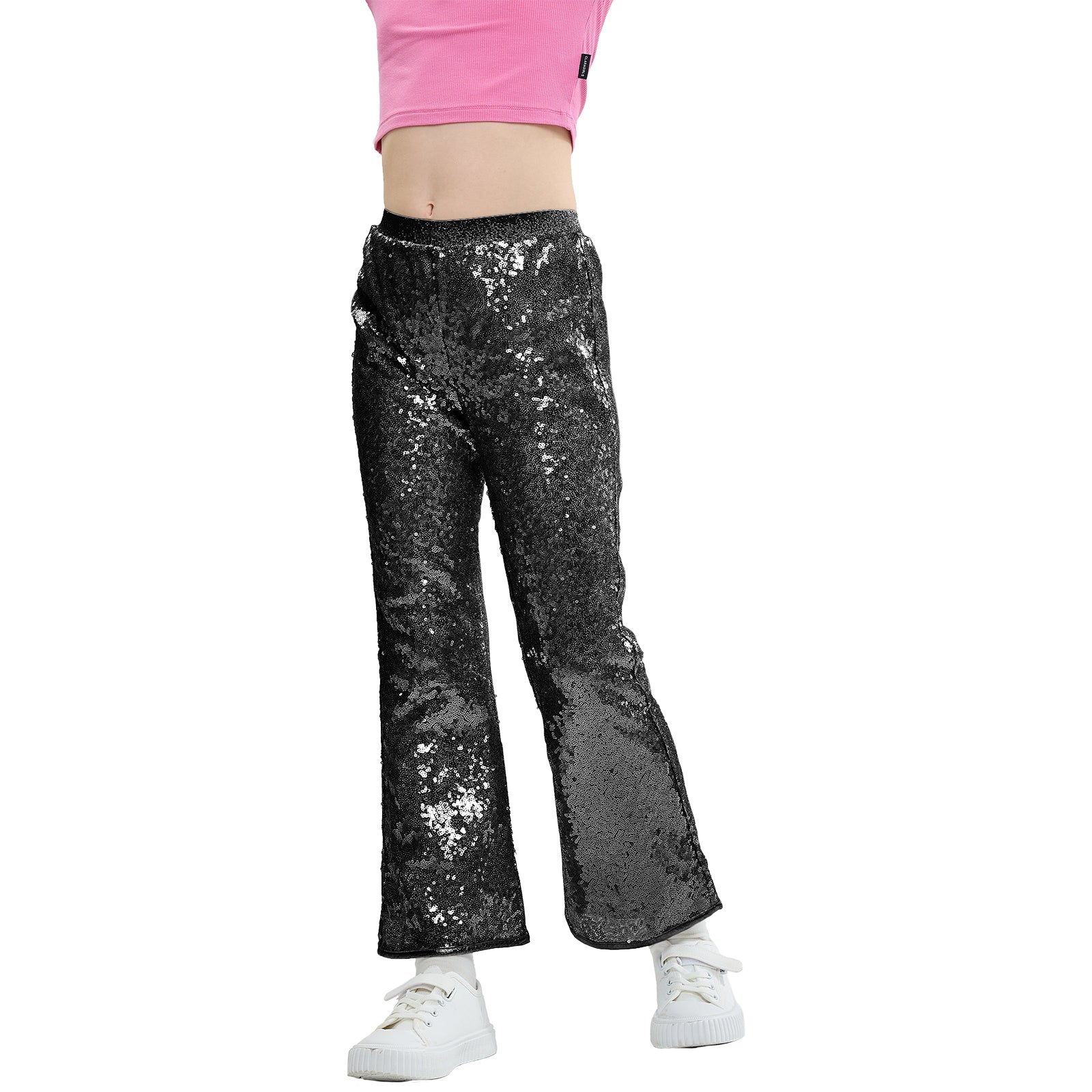 Girls Flare Sequin Trousers Casual Elastic Mid-Waist Bell Bottoms