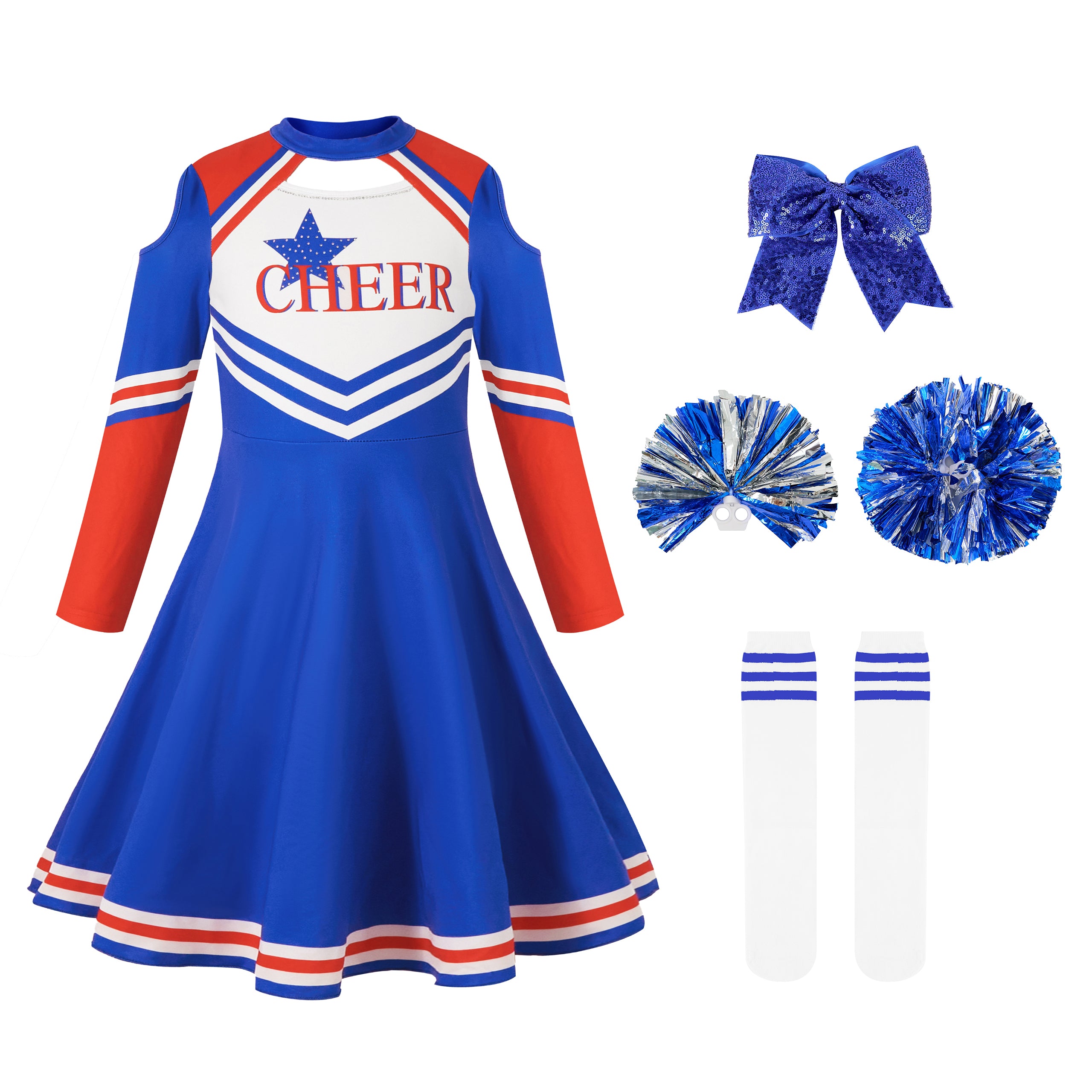 Girls Cheerleader Uniform, Long Sleeve Cheerleading Dress Kids Halloween Costumes