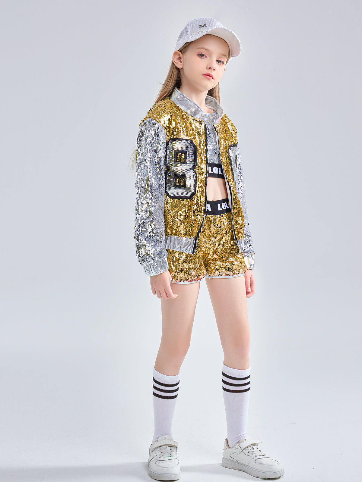 [VIP]Girls Fashionable Sequins Crop Top Shorts Dance Clothes