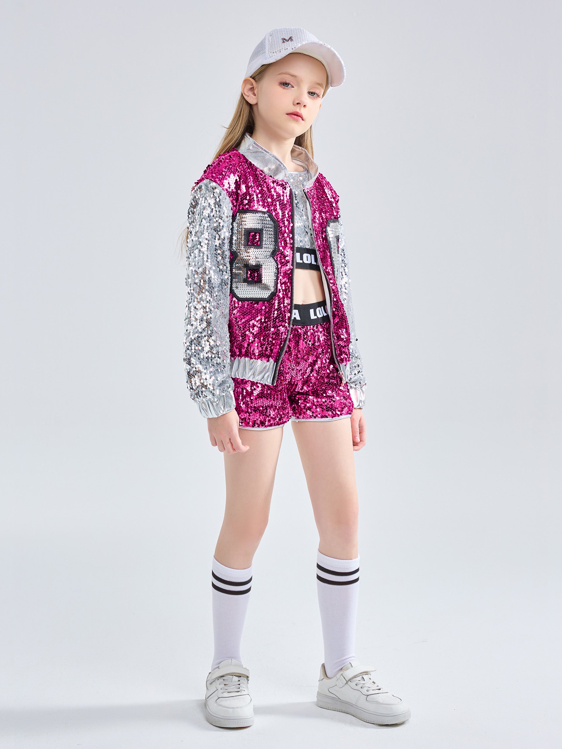 [VIP]Girls Fashionable Sequins Crop Top Shorts Dance Clothes