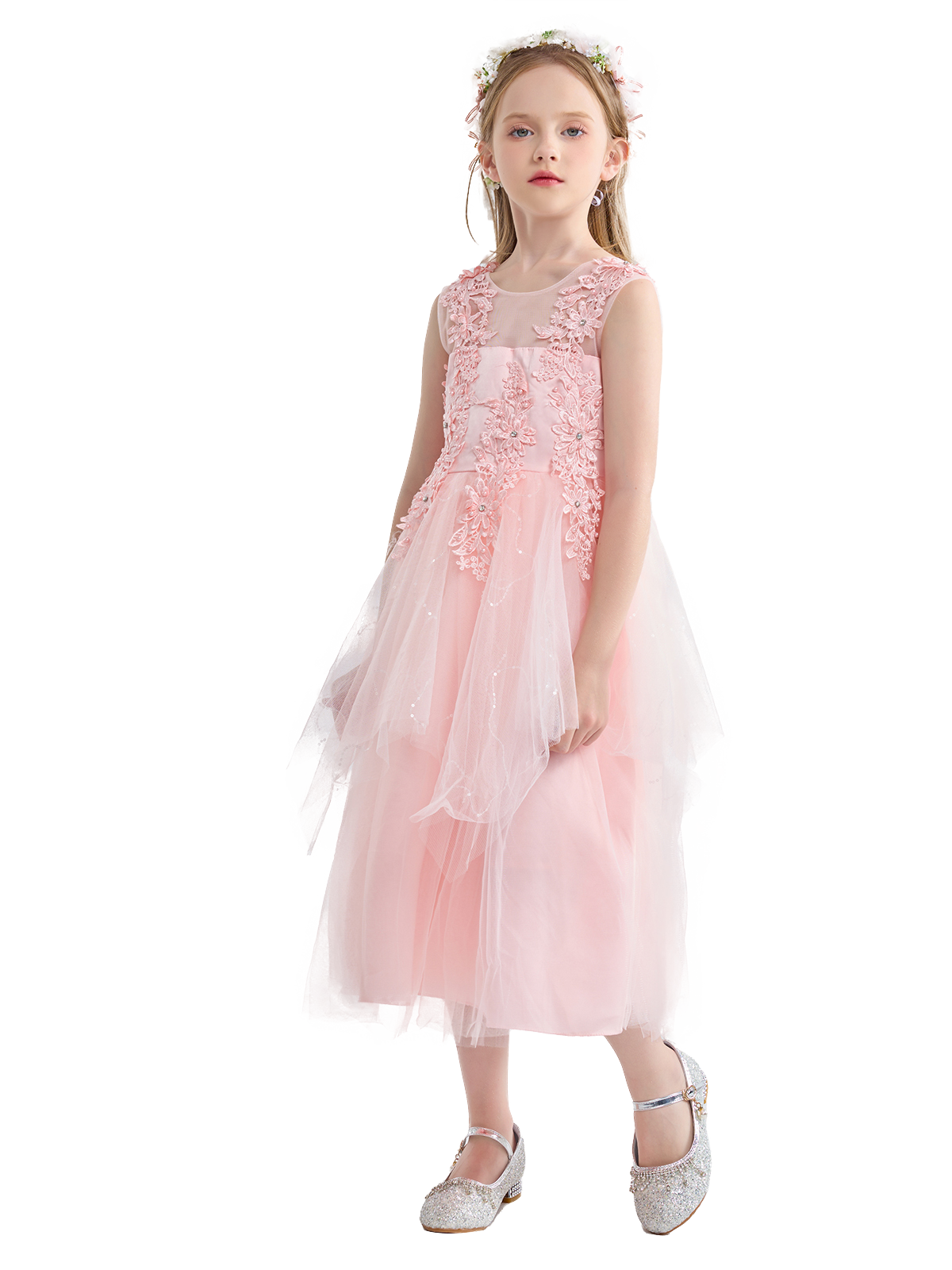 Girl's Flower Dress Wedding Kids Tulle Princess  Long Dresses