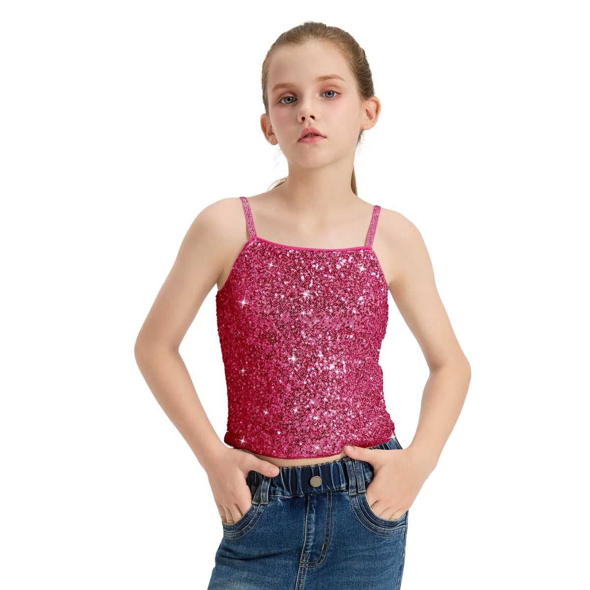 Girls Sequin Tank Tops Sparkly Camisole Stretchy Dance Shirt