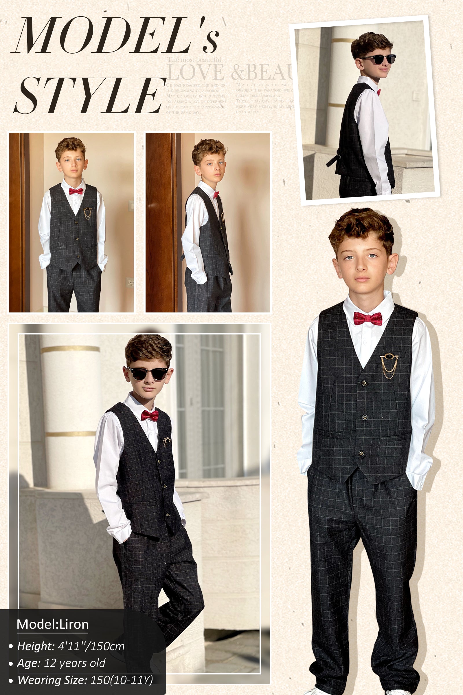 Boys Vest Pants Set Plaid Dress Suit with Shirt