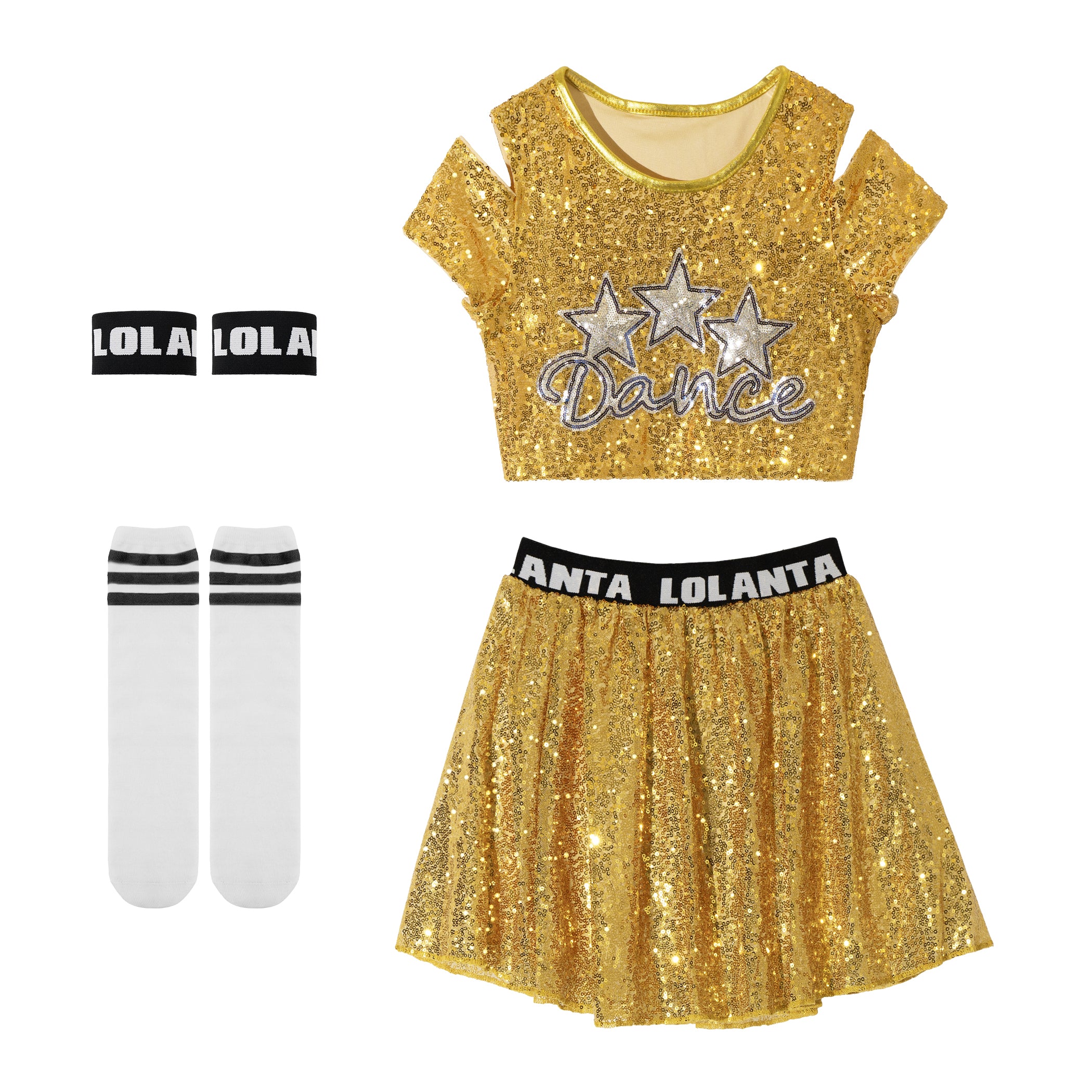 Girls Dance Outfits 4 Piece Kids Sequin Pleated Skirts Set