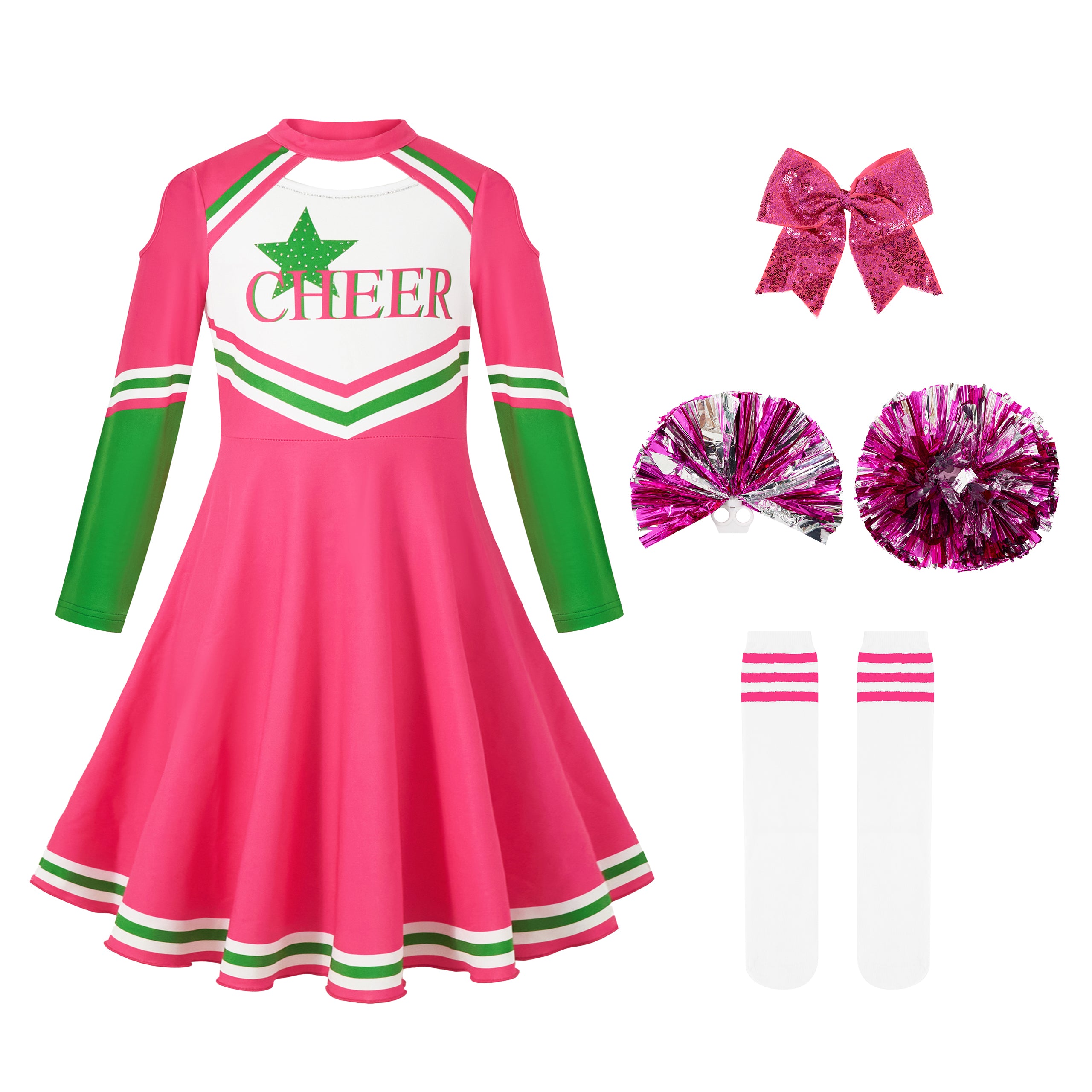 Girls Cheerleader Uniform, Long Sleeve Cheerleading Dress Kids Halloween Costumes