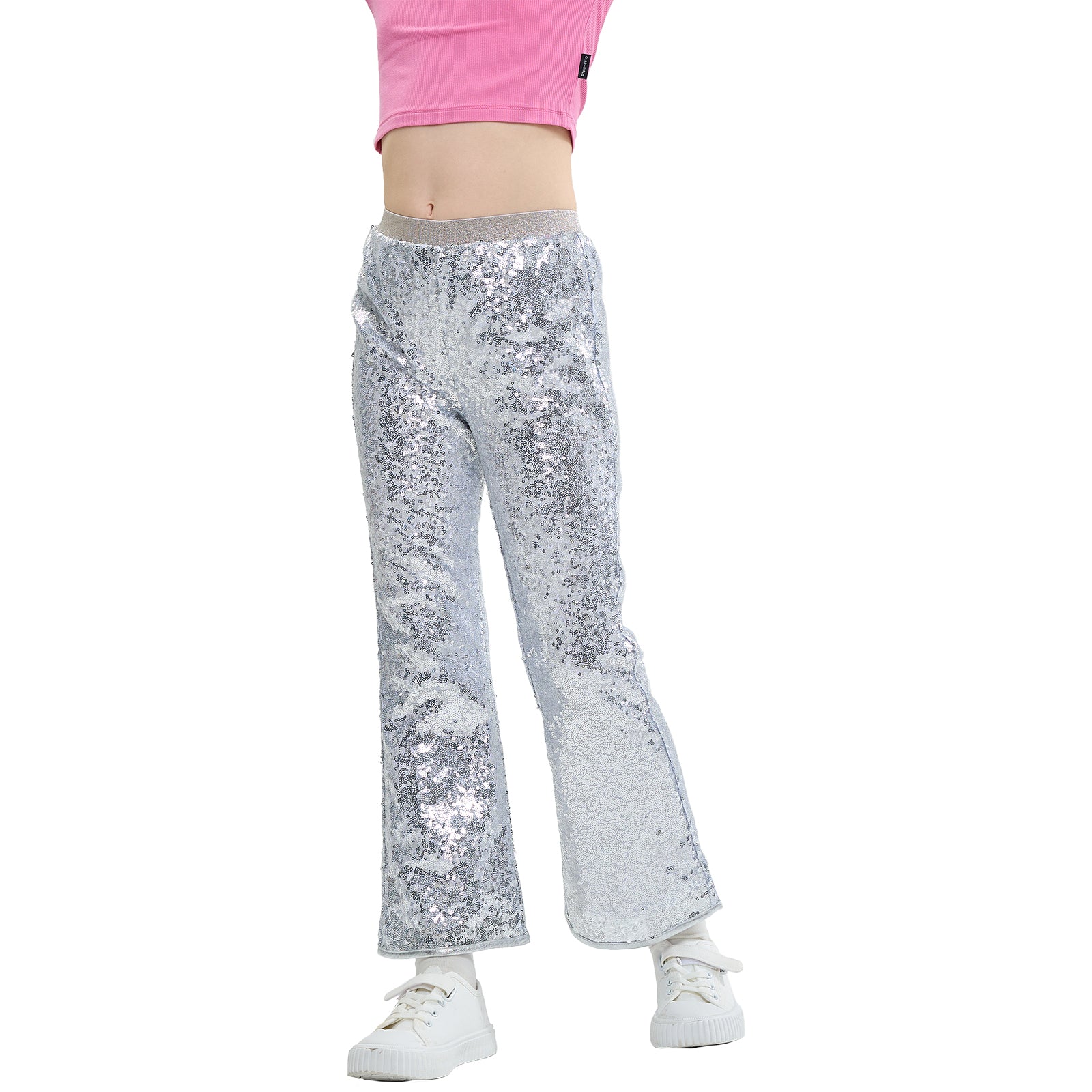 Girls Flare Sequin Trousers Casual Elastic Mid-Waist Bell Bottoms