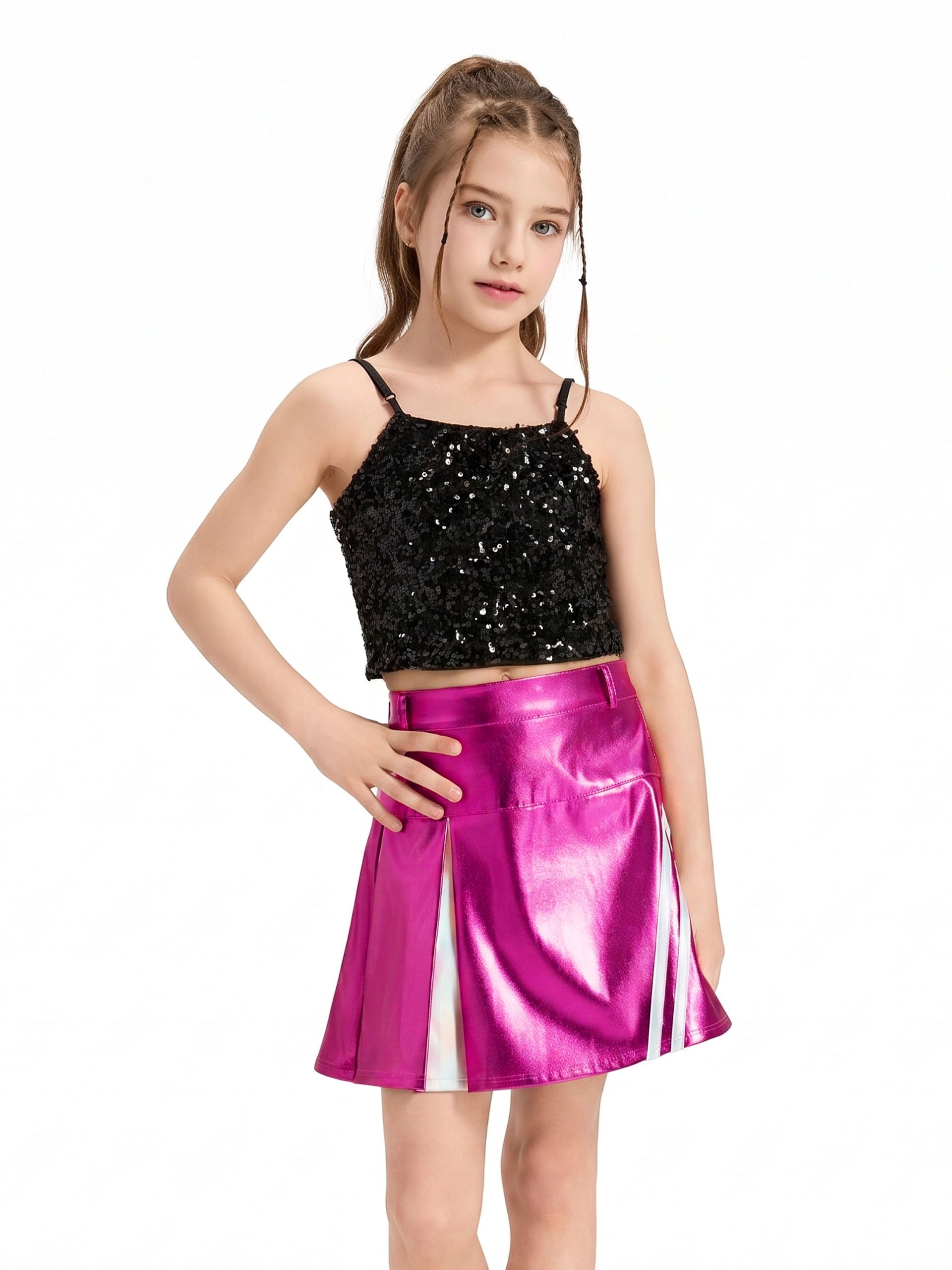 Girls 3Pcs Pleated Metallic Skirt with Shorts, Detachable Belt