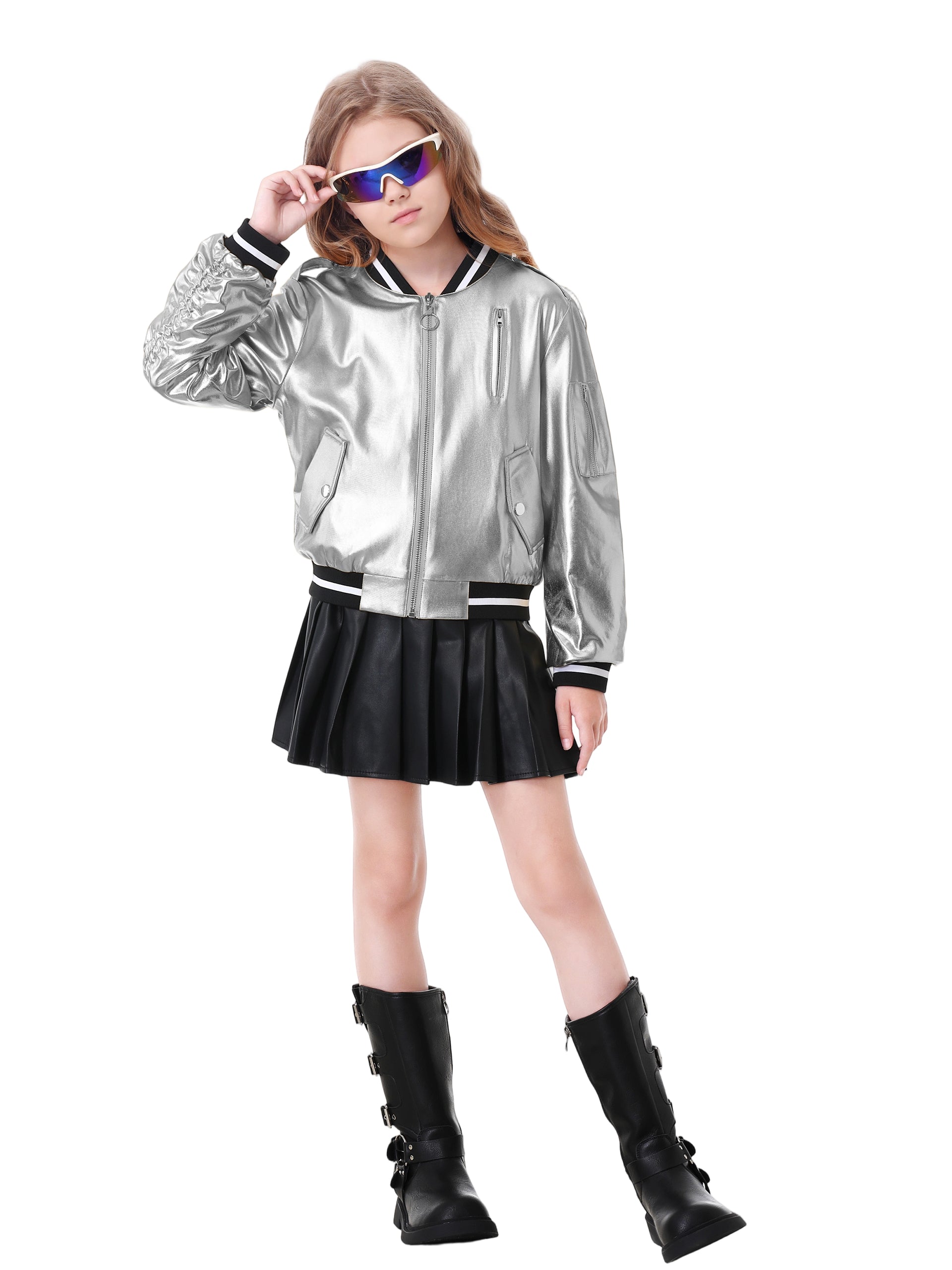 Kids Metallic Shiny Jacket Lightweight Y2K Disco Streetwear Girls Bomber Jacket