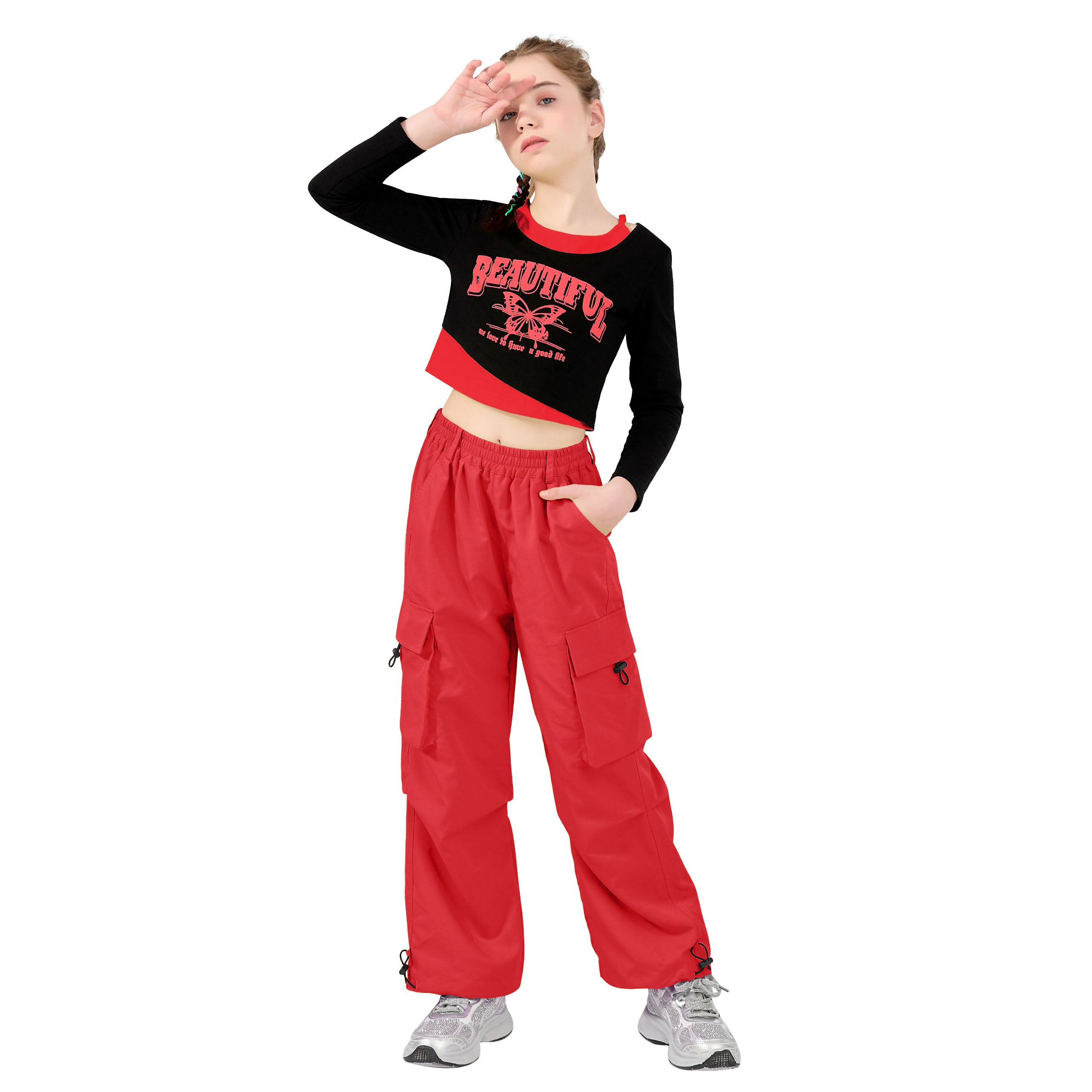 Girls 2 Piece Hip Hop Dance Outfits Long Sleeve Crop Top Cargo Pants Set