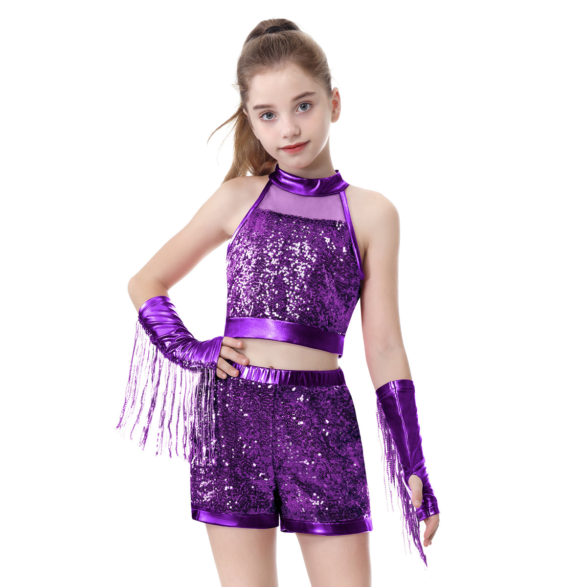 Girls’ Sequin Dance Outfit Crop Sequin Top Metallic Shorts with Tassel Arm Sleeves