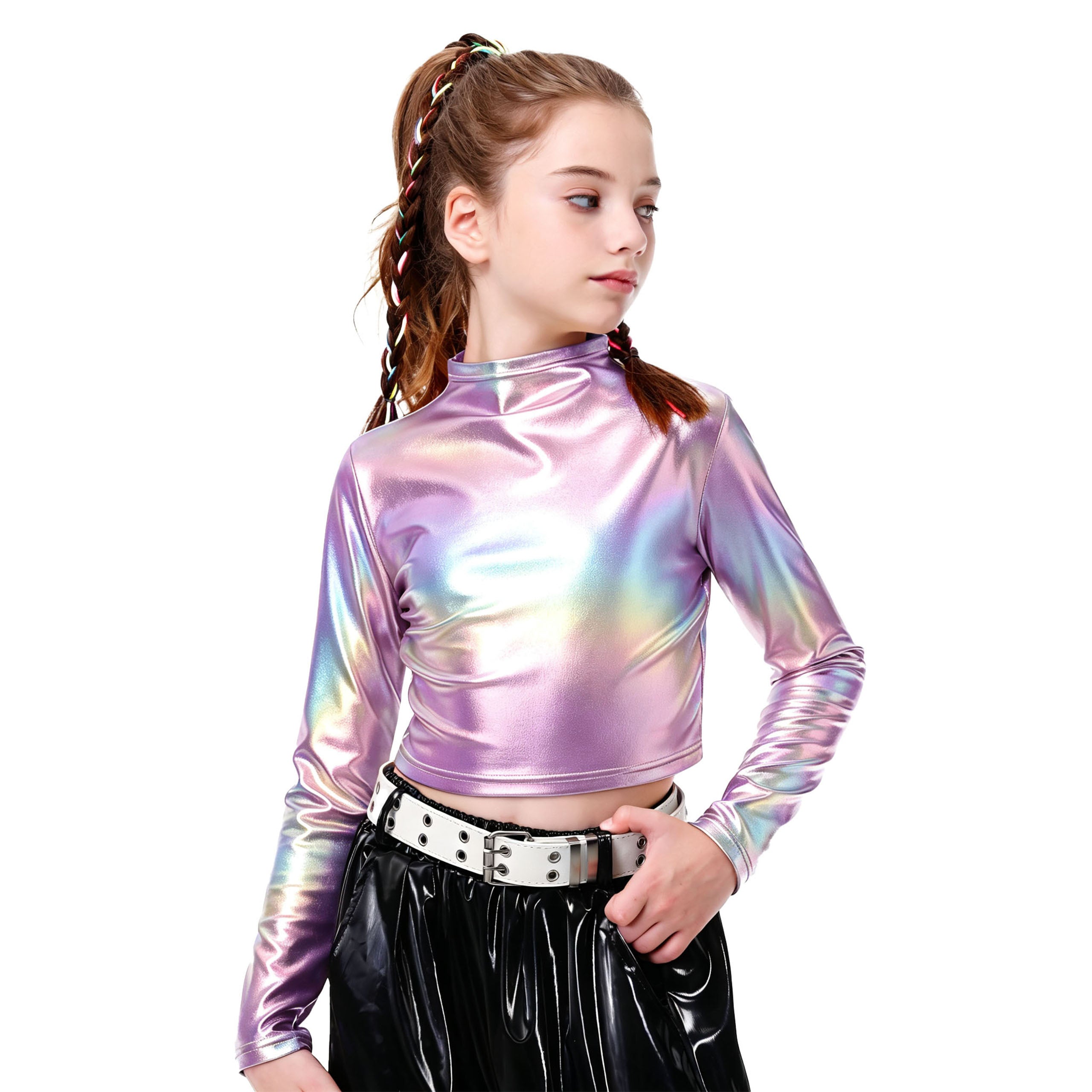 Metallic Dance Tops for Girls Long Sleeve Cropped Top