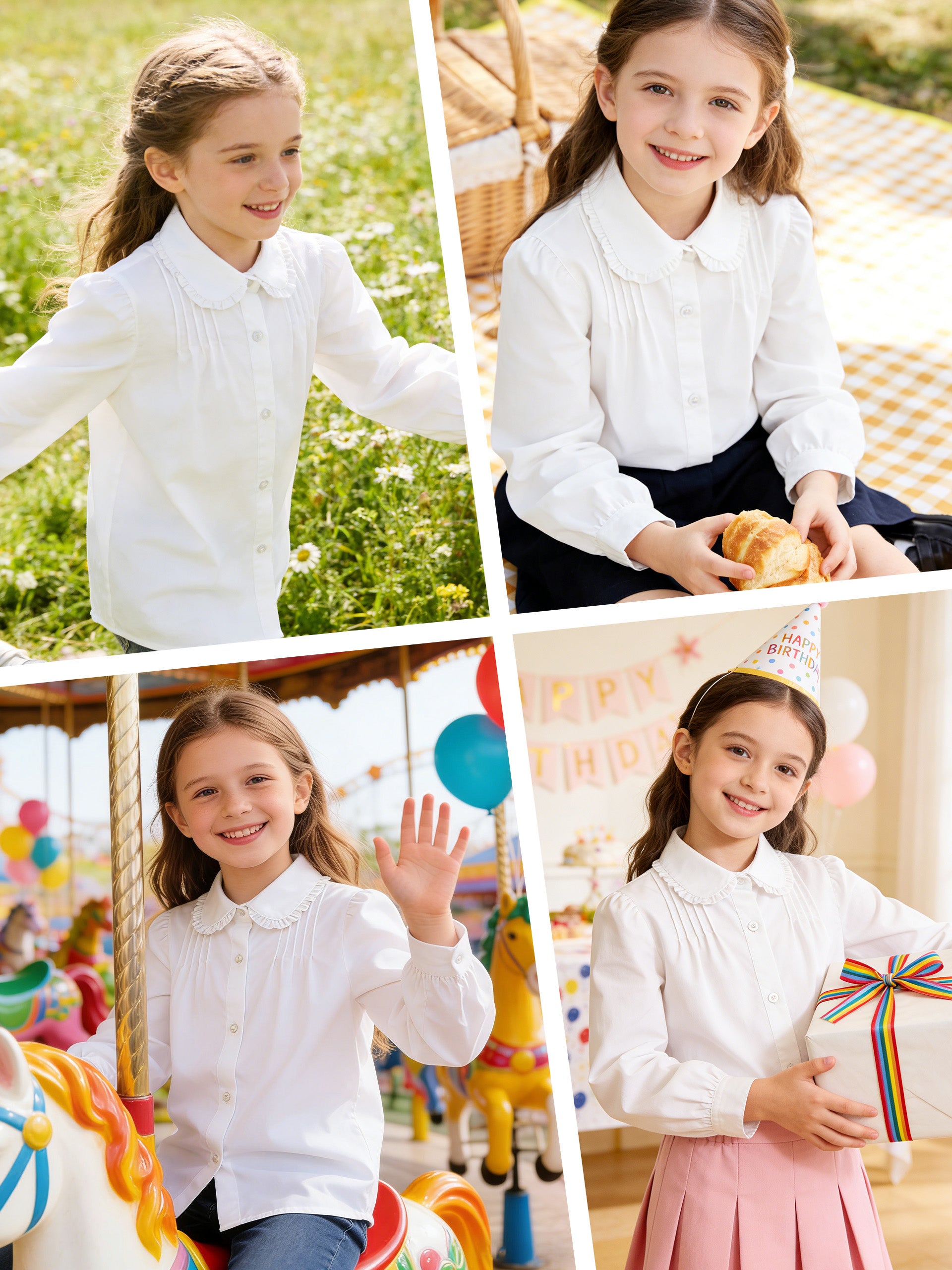 Girls Long Sleeve Uniform Shirt Blouse with Peter Pan Collar