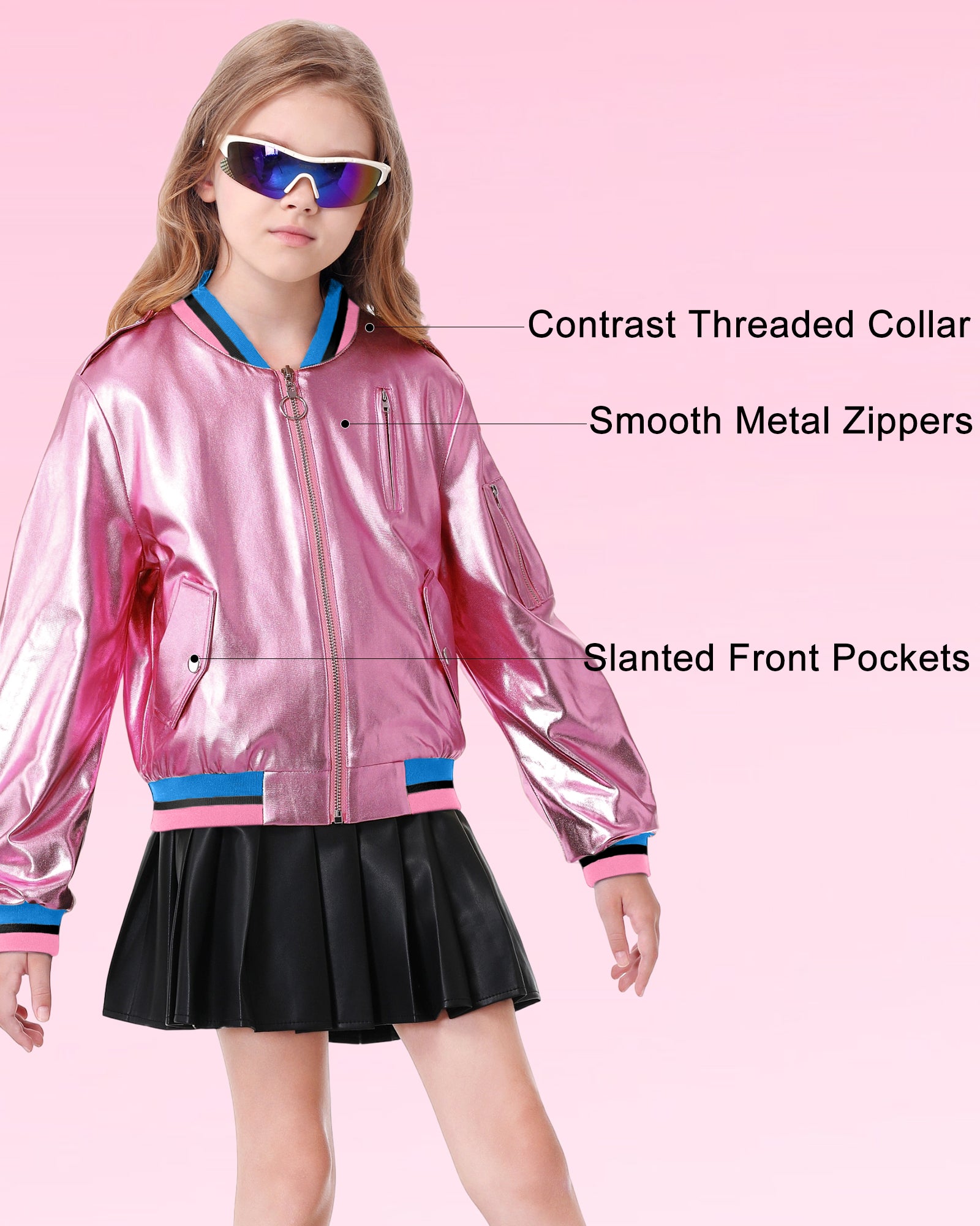 Kids Metallic Shiny Jacket Lightweight Y2K Disco Streetwear Girls Bomber Jacket