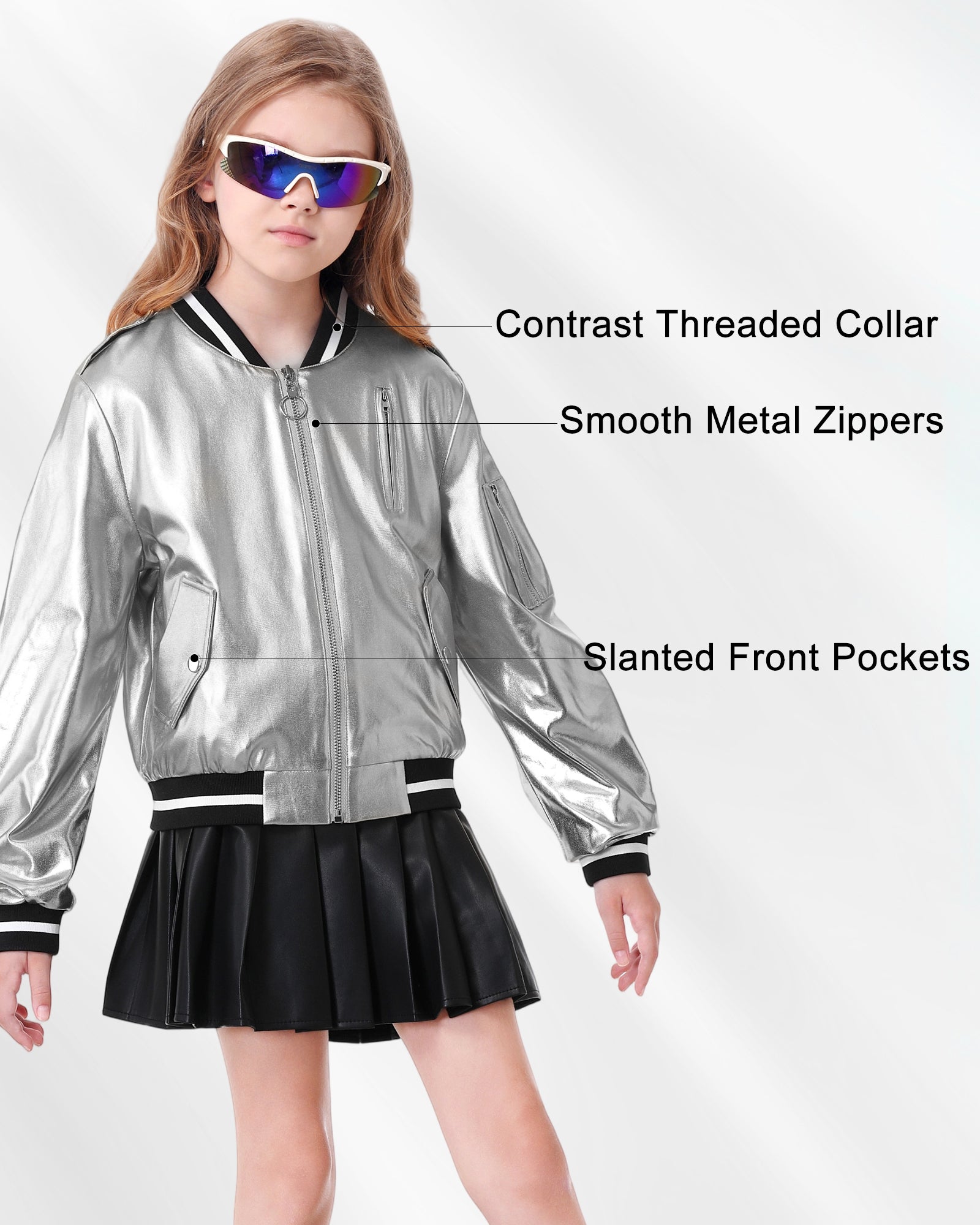 Kids Metallic Shiny Jacket Lightweight Y2K Disco Streetwear Girls Bomber Jacket