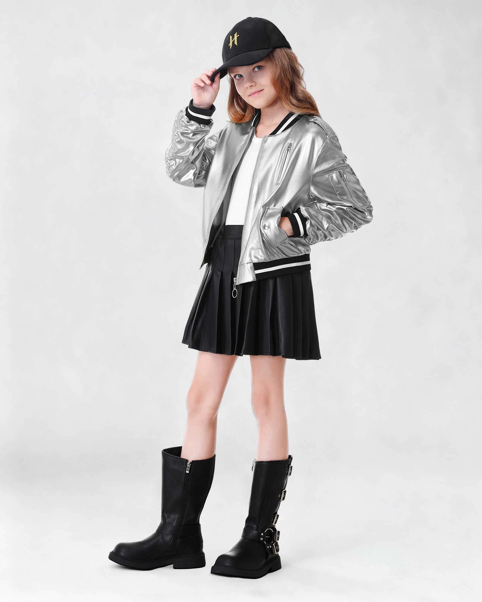 Kids Metallic Shiny Jacket Lightweight Y2K Disco Streetwear Girls Bomber Jacket