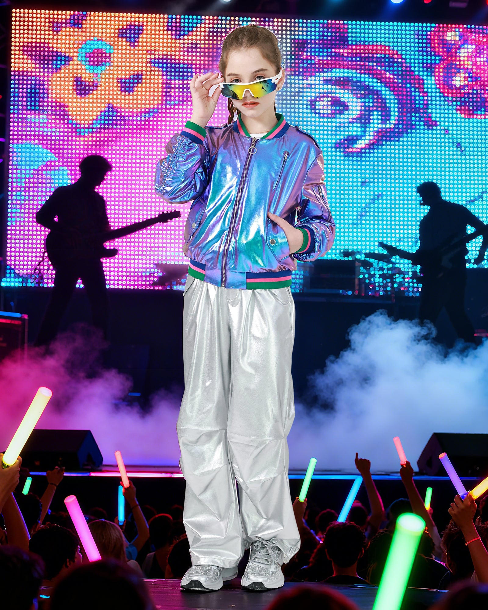 Kids Metallic Shiny Jacket Lightweight Y2K Disco Streetwear Girls Bomber Jacket