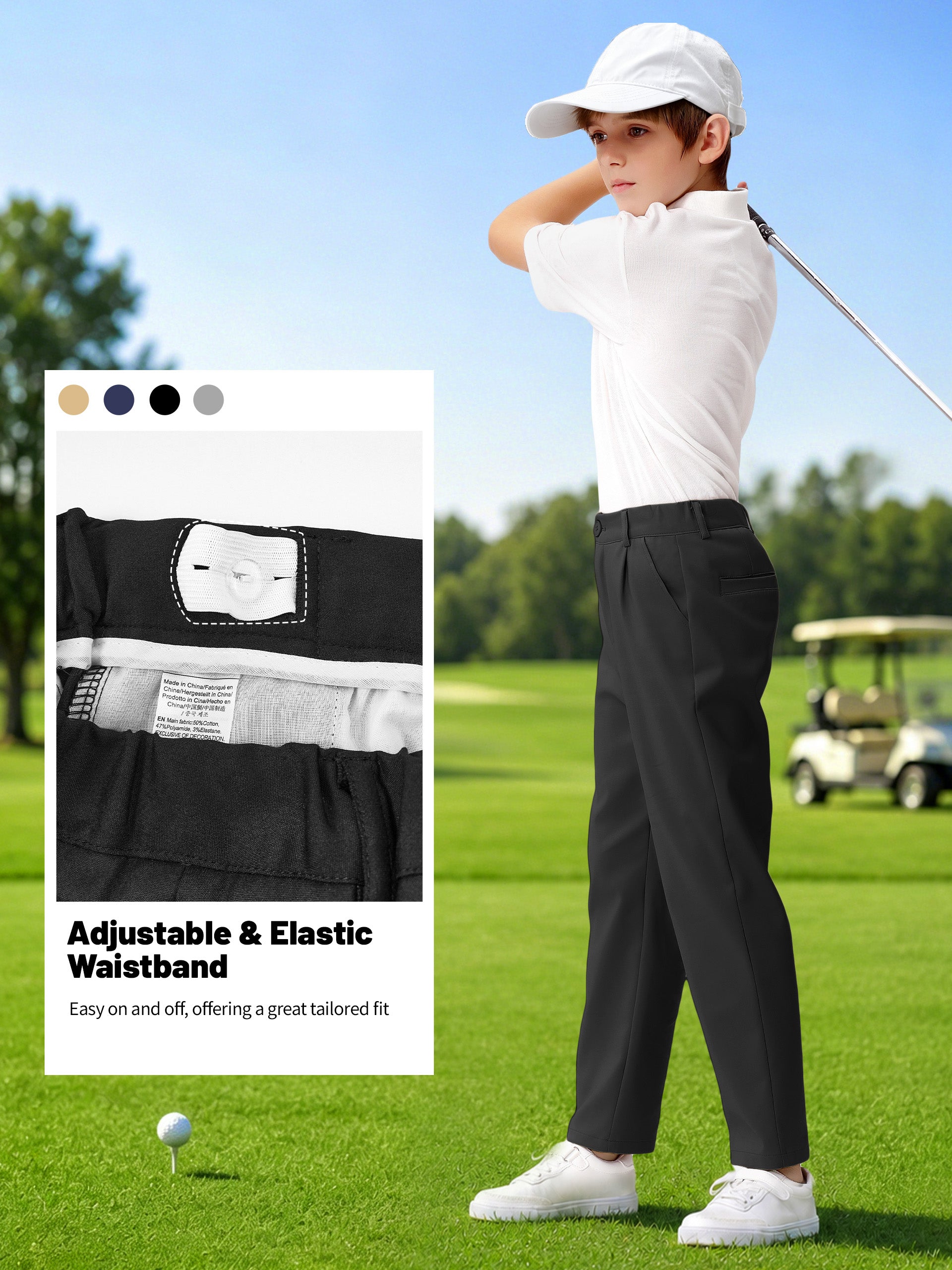 Boys Golf Dress Pants, Athletic Stretch Quick Dry Uniform Chino