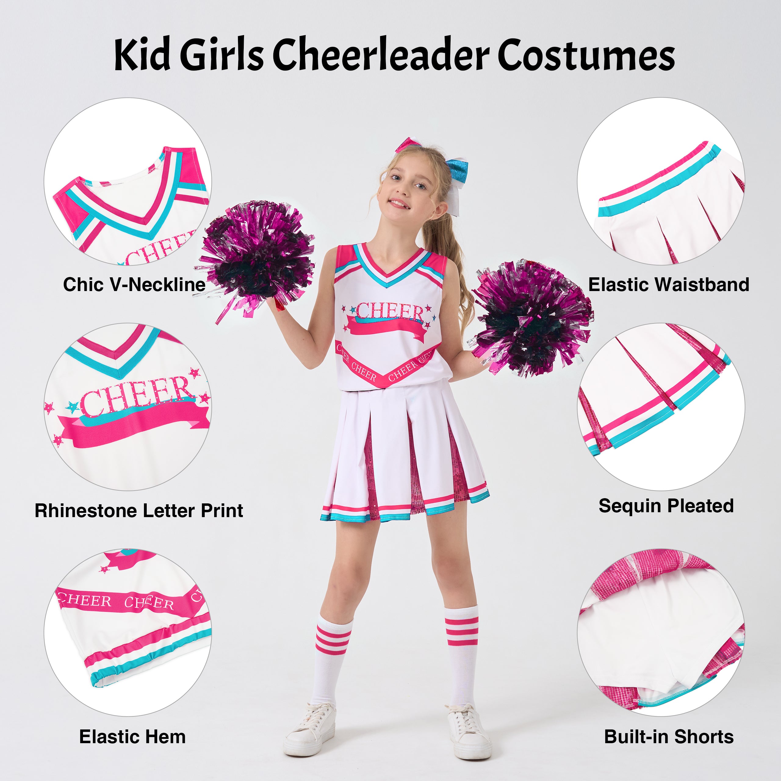 Girls Cheerleader Costumes Kids Halloween Costume Glitter Cheerleading Uniform