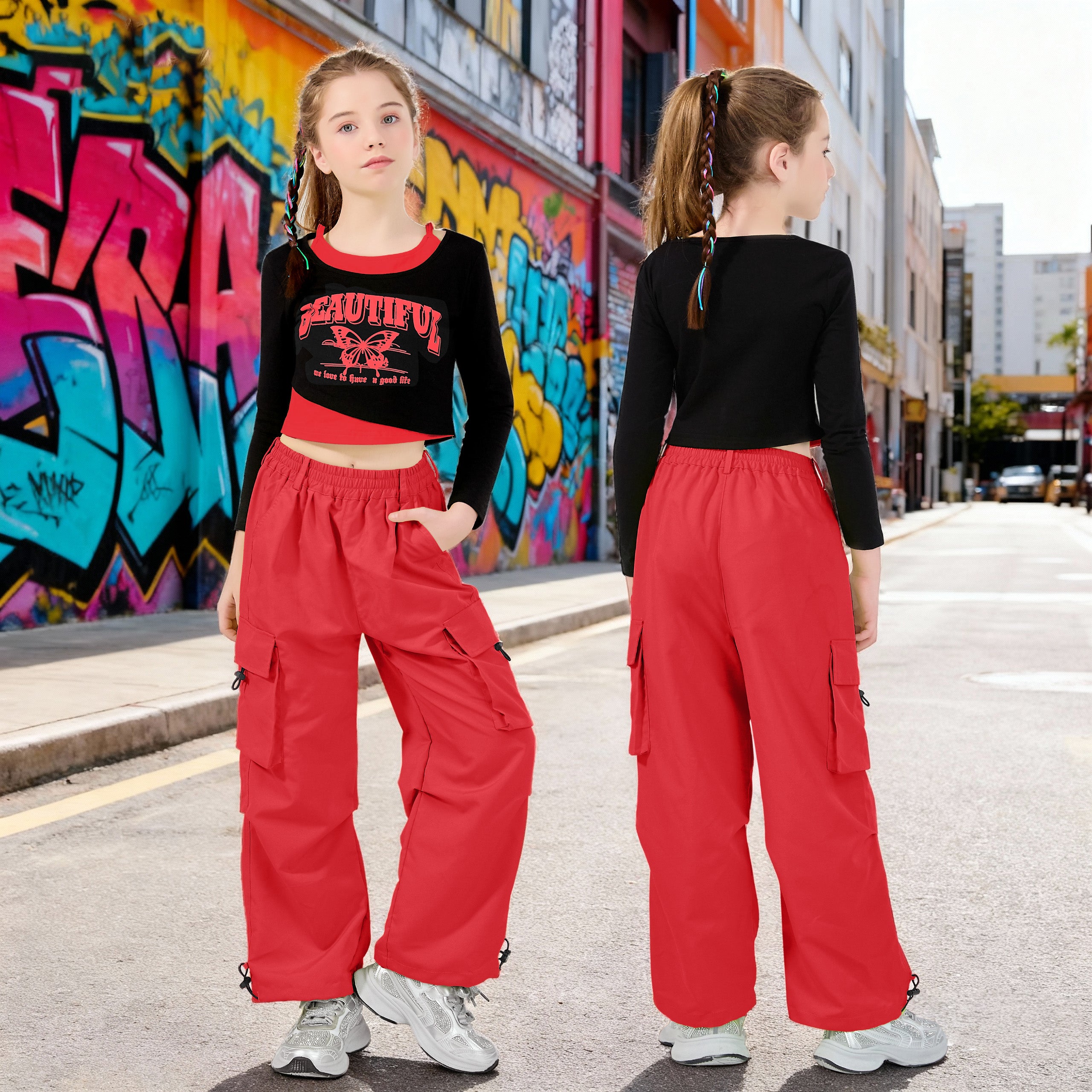 Girls 2 Piece Hip Hop Dance Outfits Long Sleeve Crop Top Cargo Pants Set